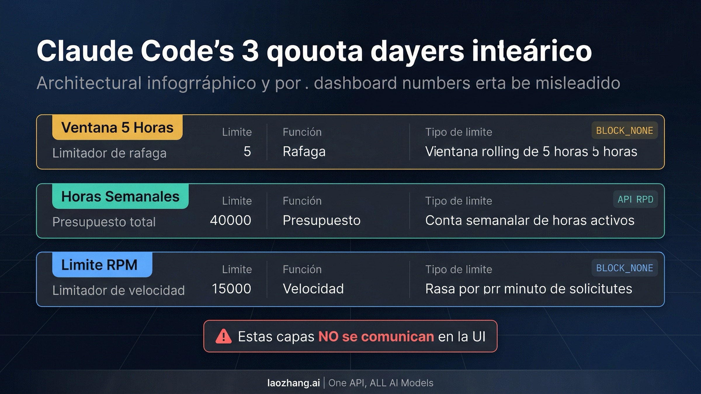 Diagrama que muestra la arquitectura de cuotas de tres capas en Claude Code: ventana de 5 horas, horas semanales y límite de RPM