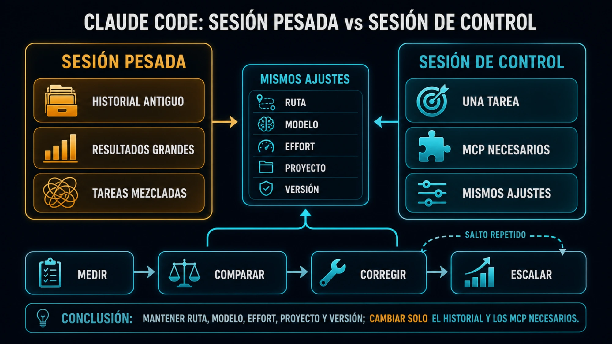 Comparación entre una sesión pesada de Claude Code y una sesión de control limpia