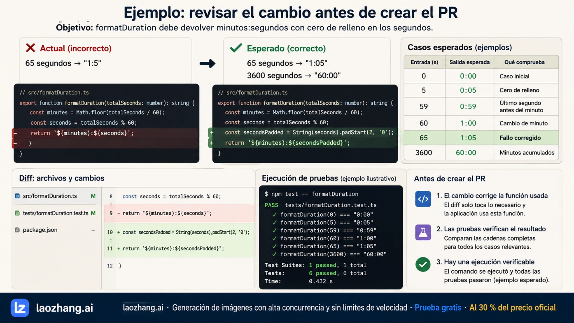 Ejemplo de corrección de formatDuration y comprobaciones del diff y las pruebas antes de crear un PR