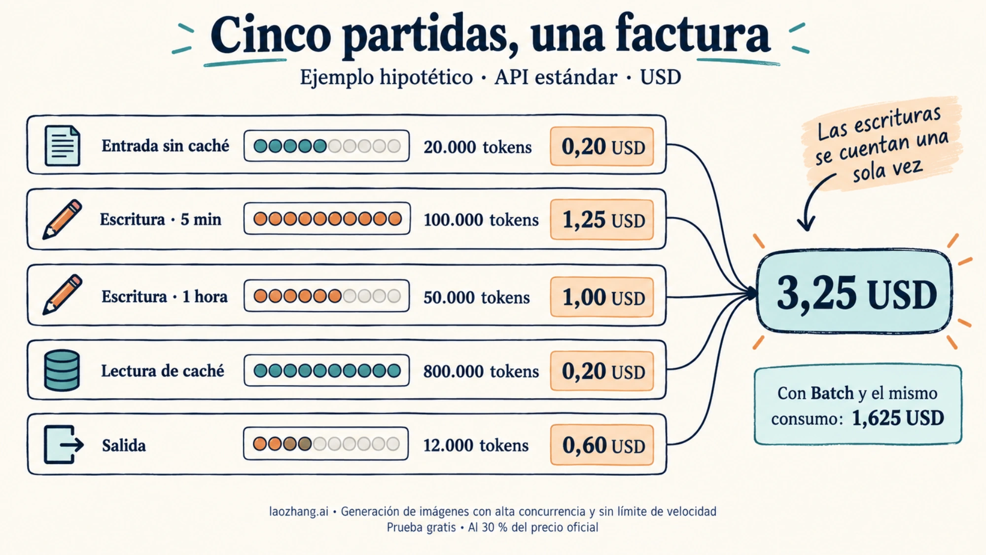 Desglose de un trabajo hipotético de 3,25 USD entre entrada, escrituras, lecturas de caché y salida