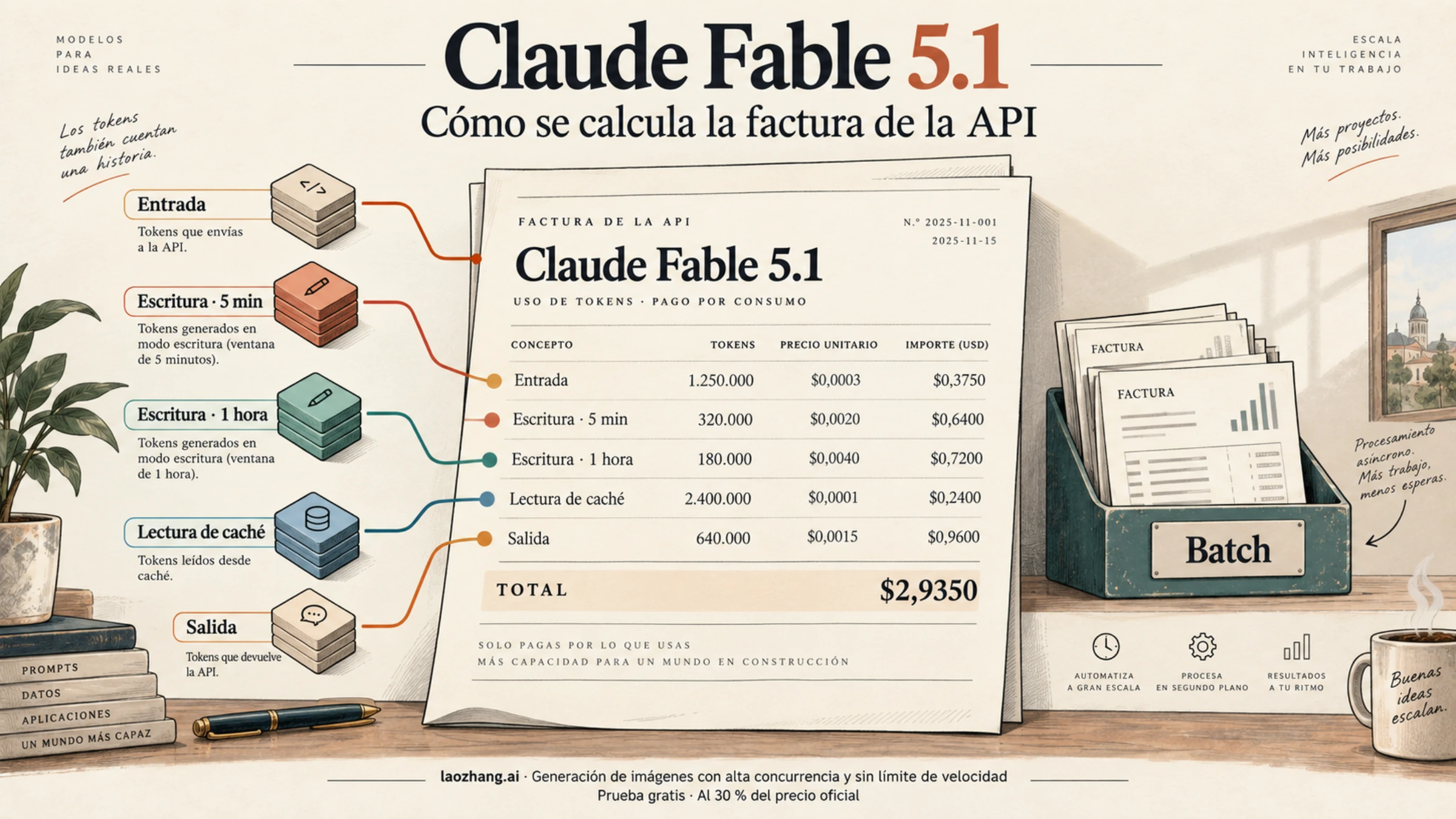 Ilustración de las partidas que componen una factura de la API de Claude Fable 5.1