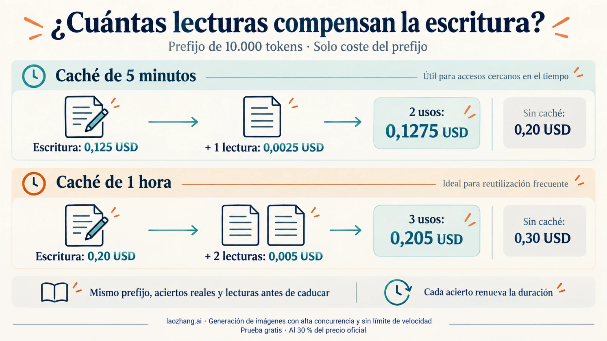 Comparación del coste de reutilizar un prefijo de 10.000 tokens con caché de cinco minutos y de una hora