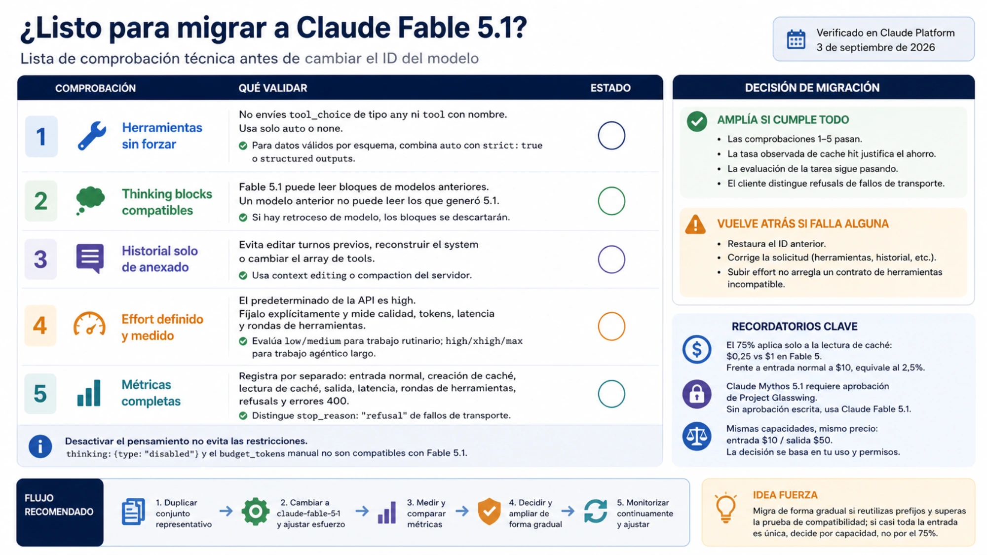 Lista técnica para validar herramientas, thinking blocks, historial, effort y métricas antes de migrar