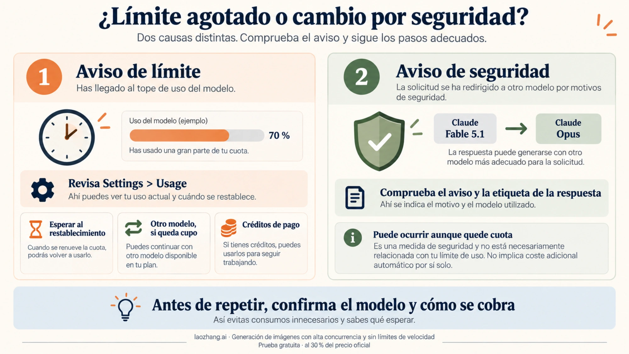 Diferencias entre un aviso de límite de uso y un cambio de Fable a Opus por seguridad