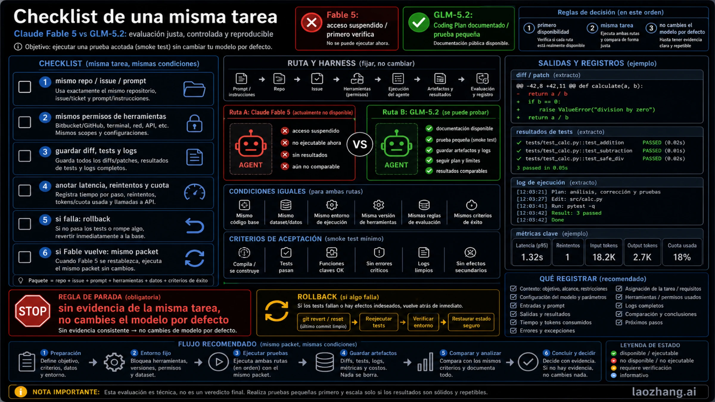 Checklist de una misma tarea para evaluar Claude Fable 5 y GLM-5.2