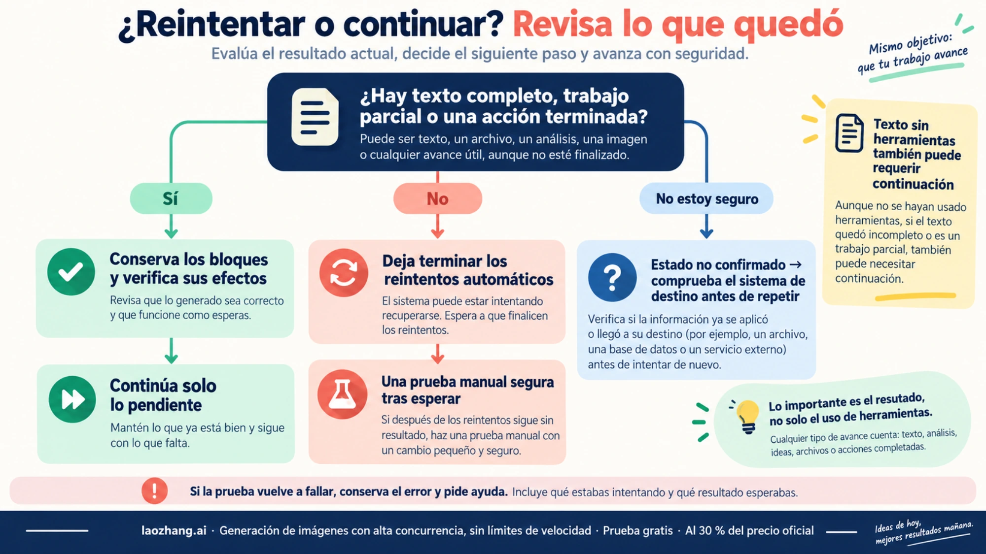 Decisión de continuar texto o trabajo conservado, reintentar sin progreso o verificar una acción incierta