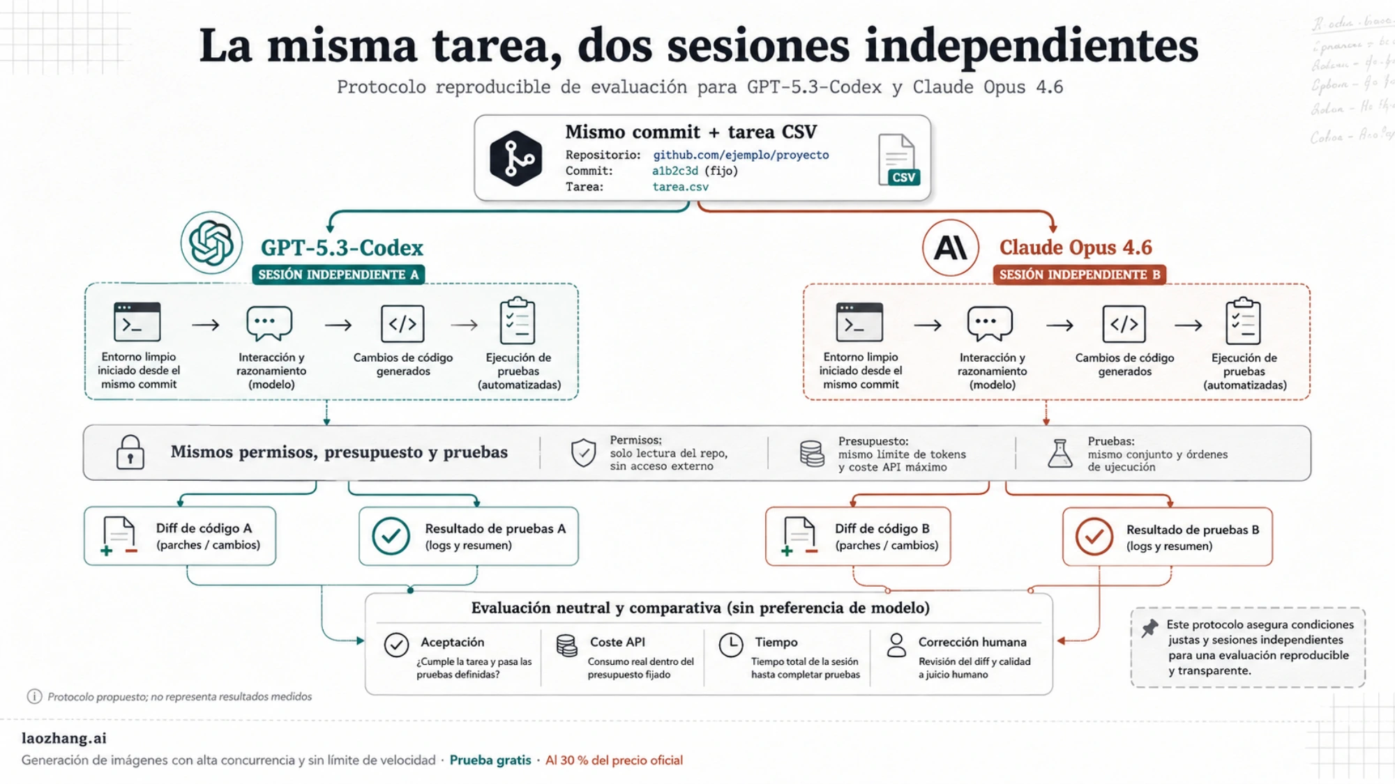 Dos sesiones independientes parten del mismo repositorio y se comparan con los mismos criterios de aceptación, coste, tiempo y corrección humana