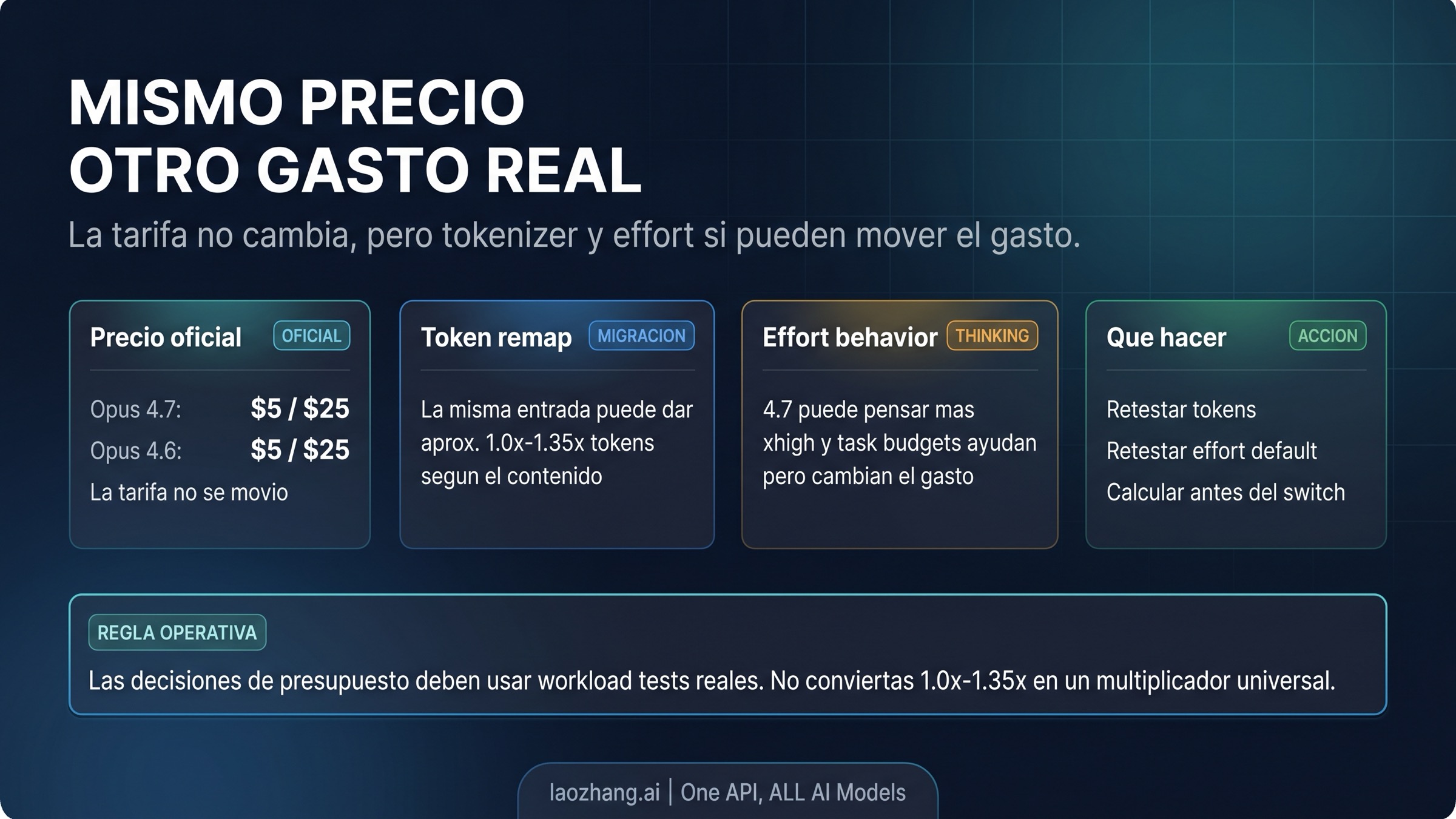 Tablero en español que separa precio de lista, remapeo de tokens, comportamiento de effort y acciones del operador