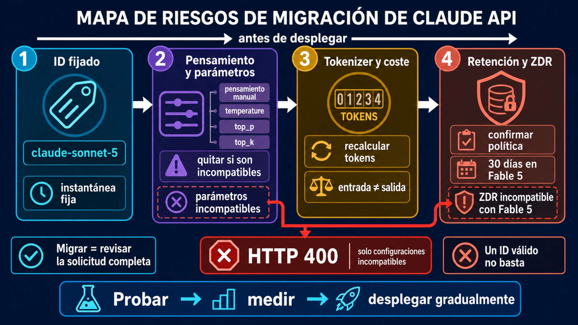 Mapa de riesgos de migración para Claude API: ID fijado, pensamiento y parámetros, tokenizer y coste, y retención o ZDR, con HTTP 400 ligado a configuraciones incompatibles