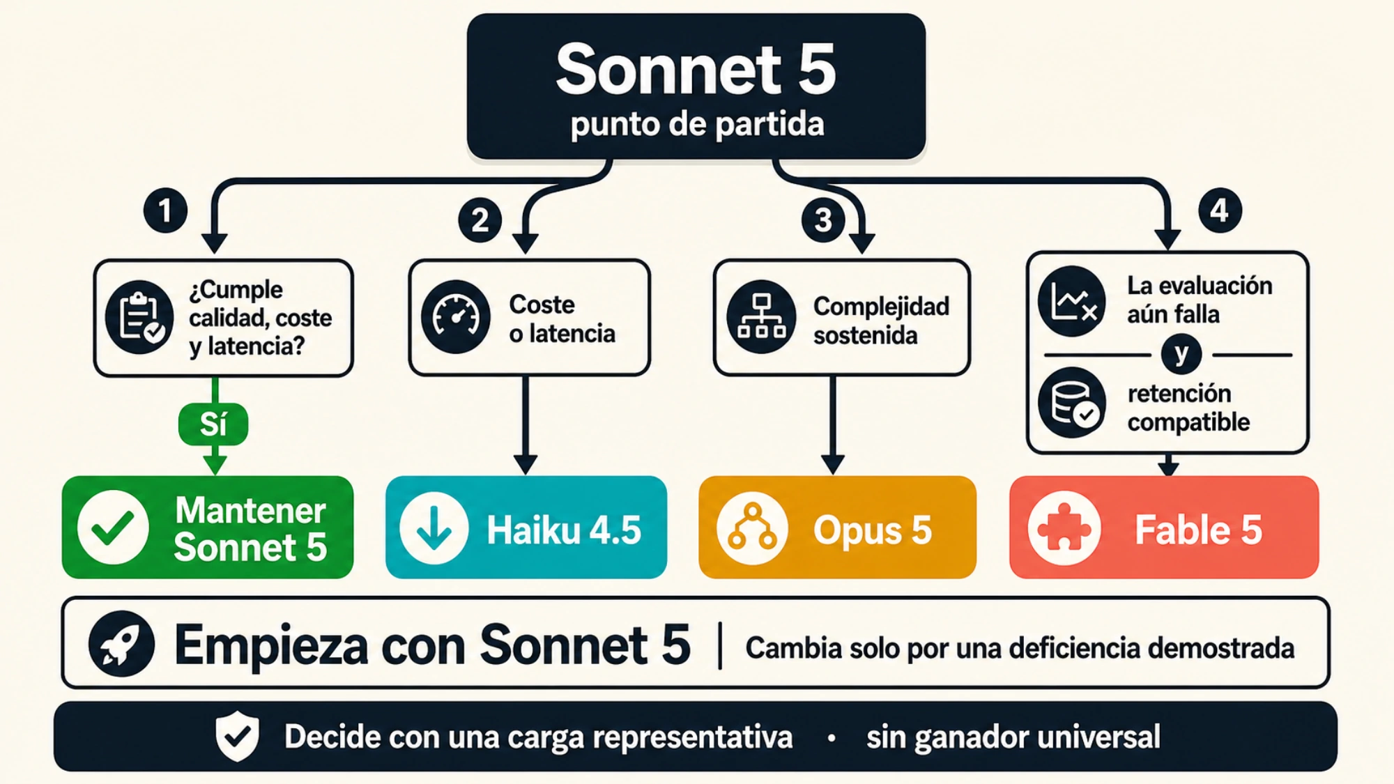 Árbol de decisión que parte de Sonnet 5 y deriva hacia Haiku 4.5, Opus 5 o Fable 5 según coste, latencia, complejidad y retención