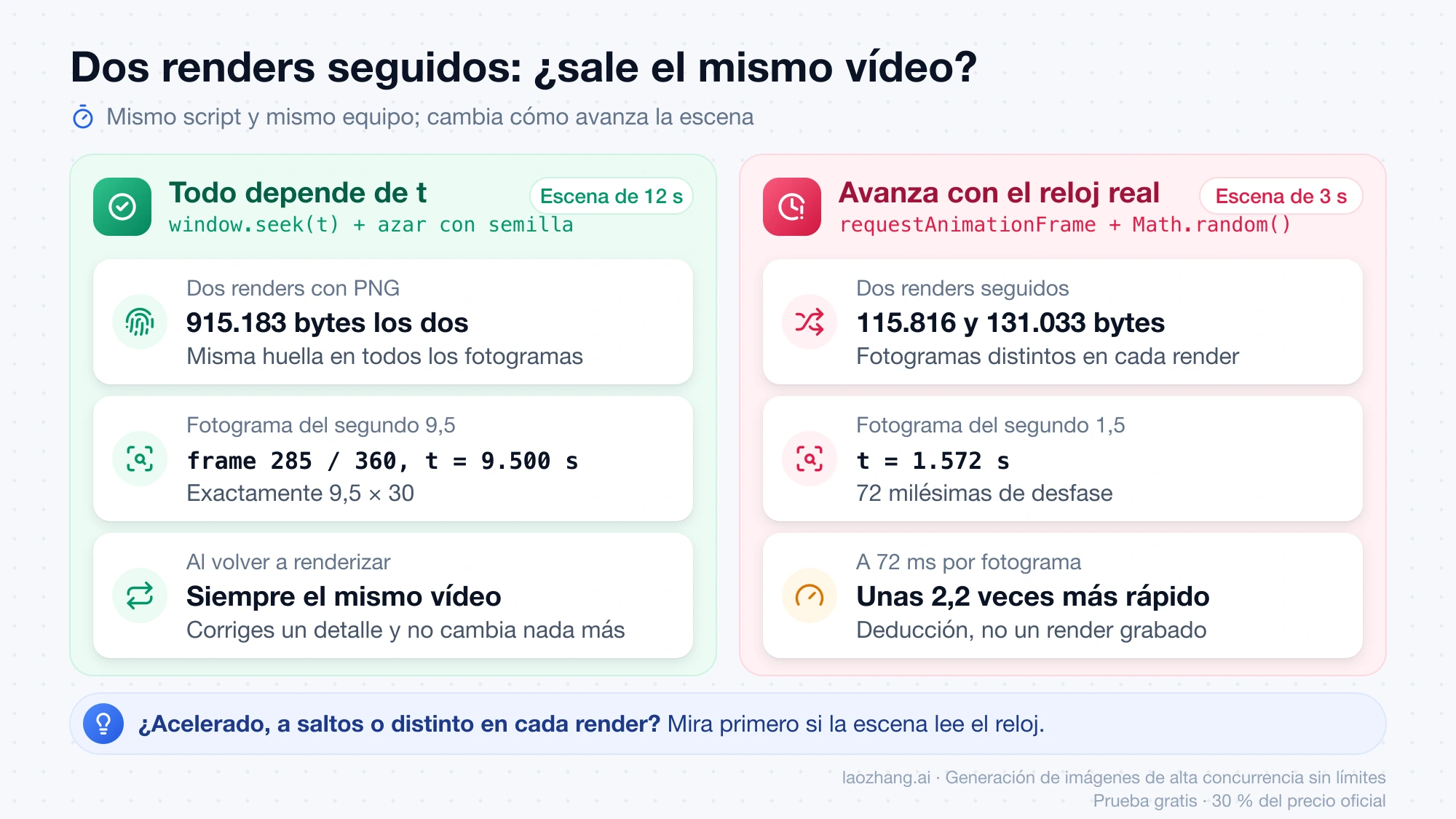Comparación de dos renders seguidos: la escena que depende solo de t da el mismo vídeo de 915.183 bytes, y la que avanza con el reloj real da archivos distintos y un desfase de 72 milésimas