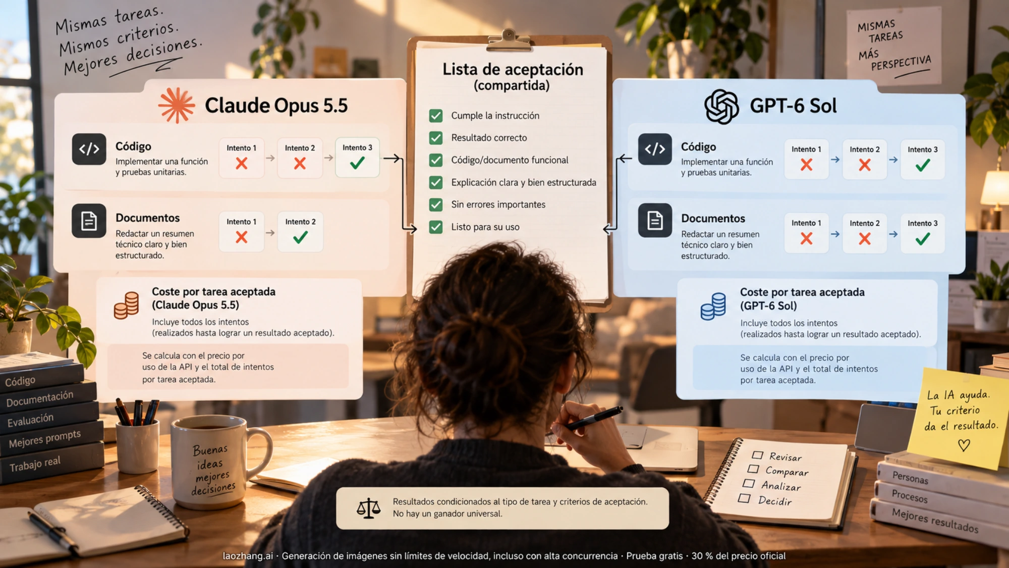 Comparación de los mismos trabajos con Claude Opus 5.5 y GPT-6 Sol mediante un criterio de aceptación compartido y todos los intentos contabilizados