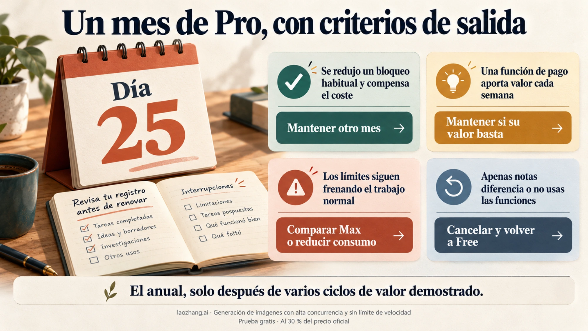 Guía ilustrada para revisar el registro el día 25 y decidir si mantener Claude Pro, comparar Max o volver a Free
