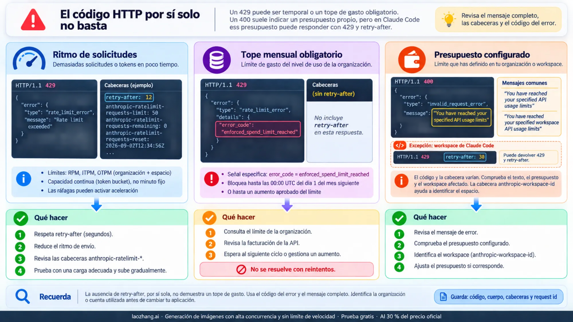 Cómo distinguir el ritmo de solicitudes, el tope mensual de gasto y un presupuesto configurado en la API