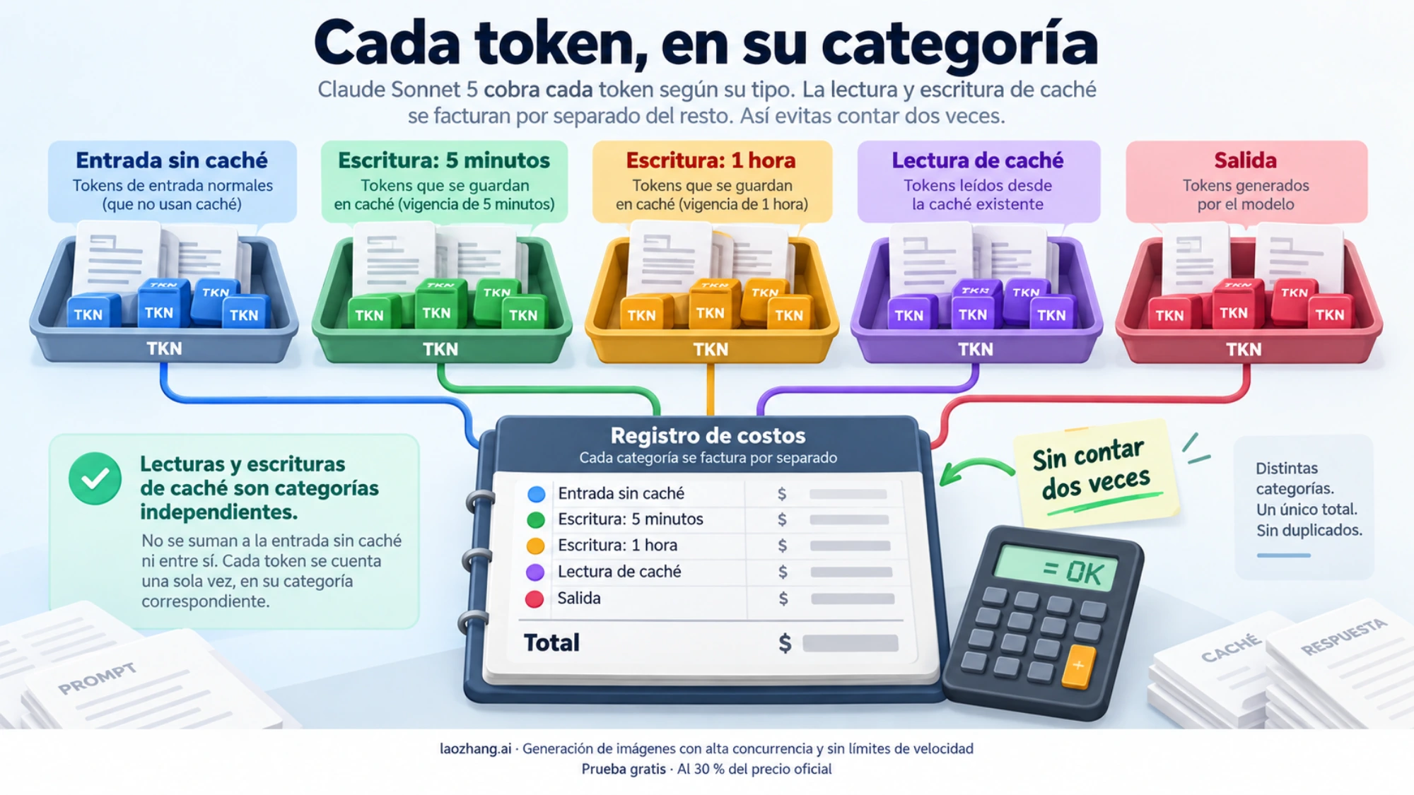 Cinco categorías separadas de tokens de entrada, caché y salida que se suman sin duplicar el consumo