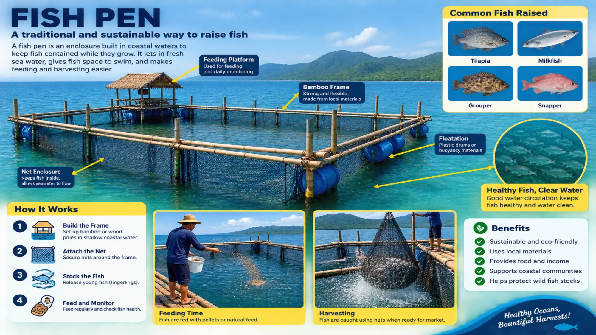 Esquema de un recinto de cría de peces en el mar