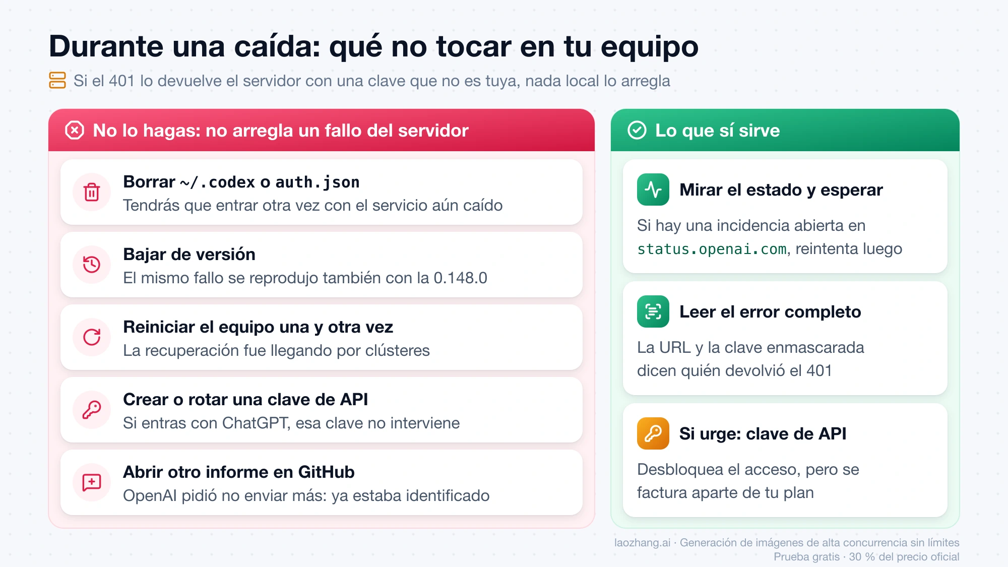 Cinco acciones que no arreglan un 401 de Codex durante una caída, como borrar ~/.codex o rotar la clave, frente a las tres que sí sirven