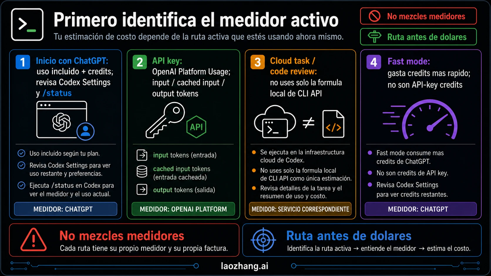 Separación de rutas y medidores de facturación de Codex CLI