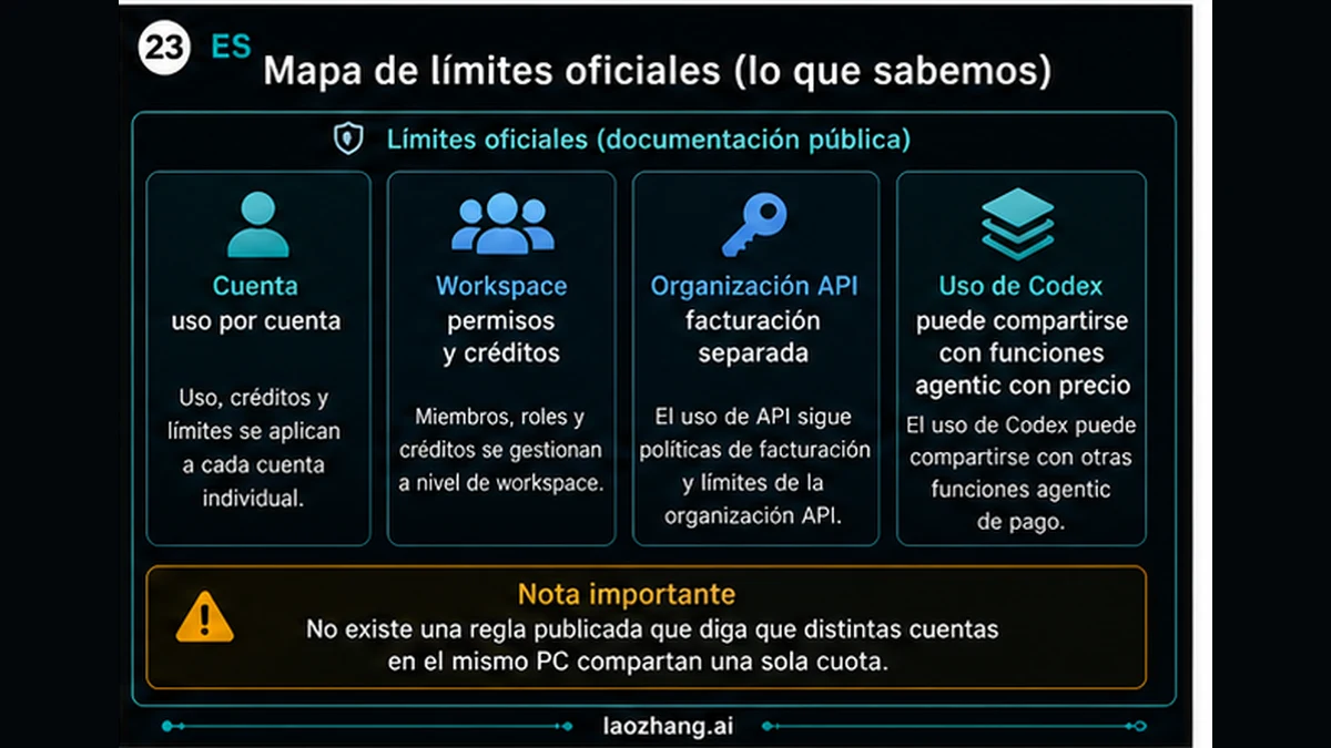 Mapa de límites oficiales de Codex: cuenta, workspace, organización API y funciones