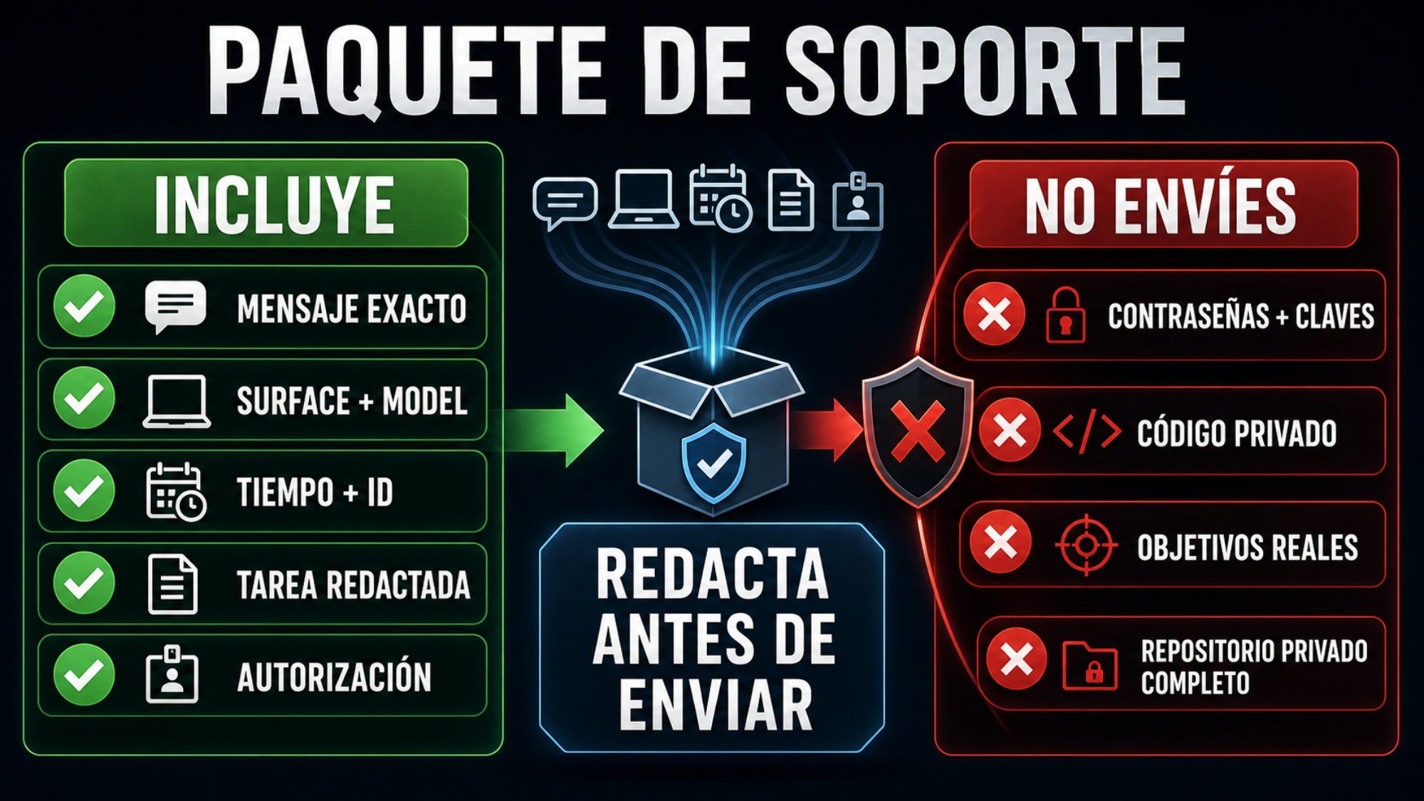 Lista de evidencia redactada para Soporte ante un bloqueo de Codex Security