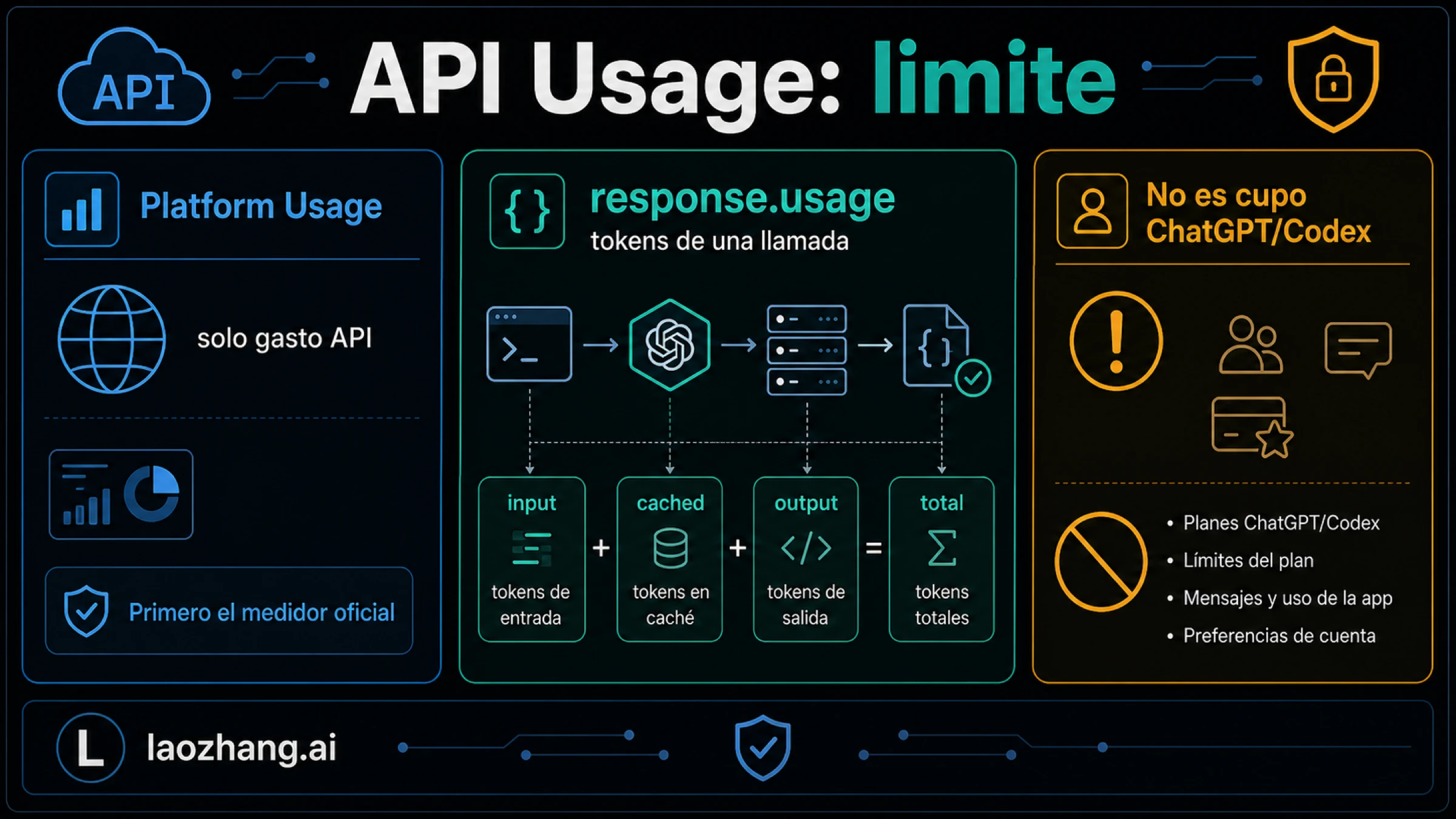 Panel API que separa OpenAI Platform Usage de los campos de response usage