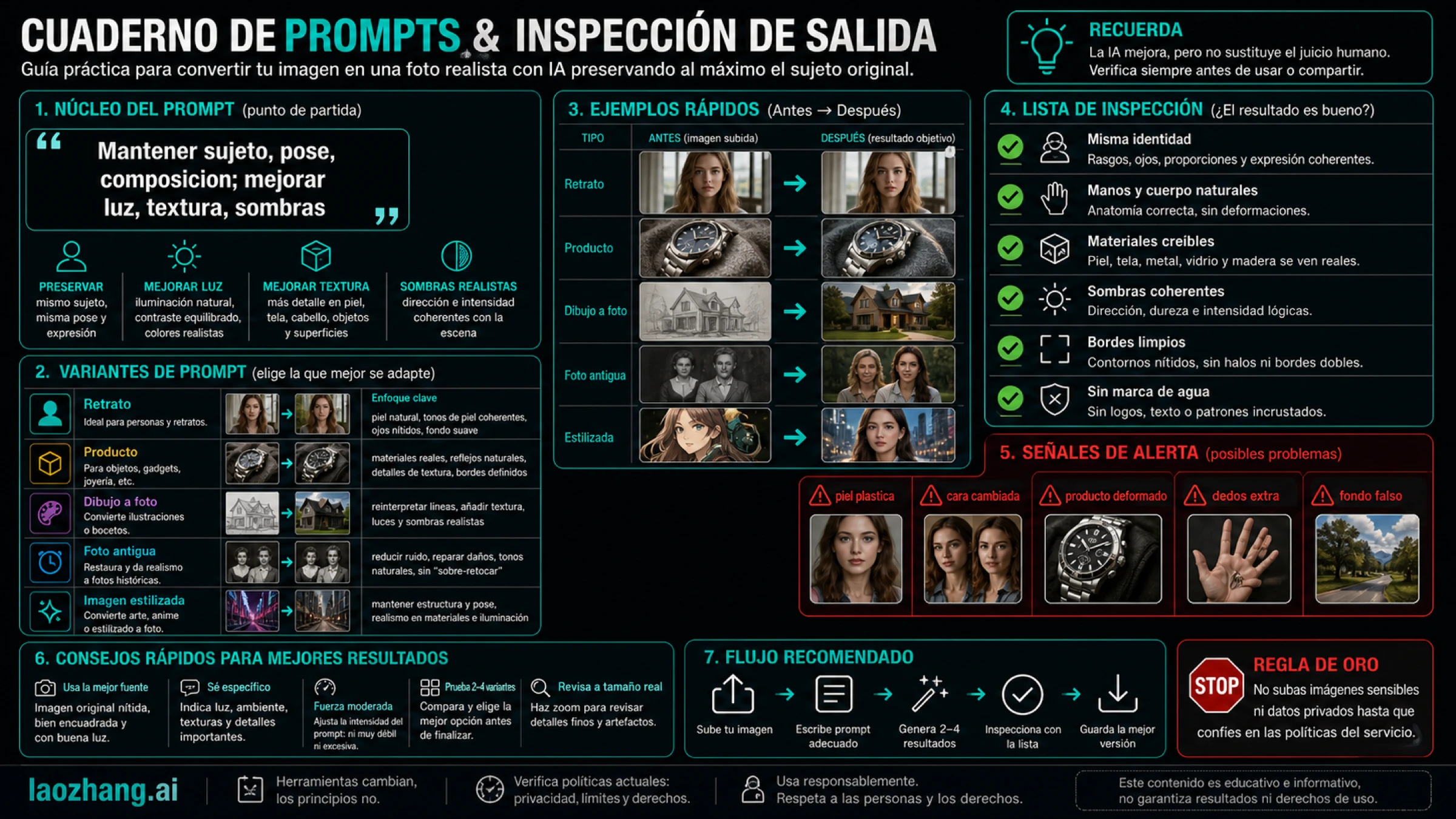 Escribe primero preservación y después revisa identidad, anatomía, material, sombra, bordes y marca de agua