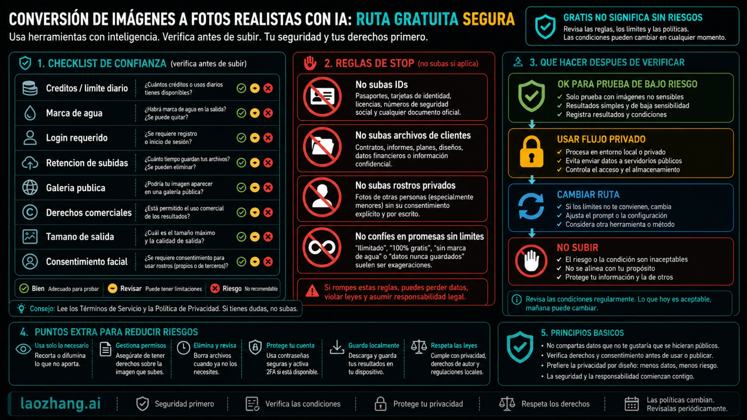 Las rutas gratis solo son aceptables tras revisar créditos, marca de agua, login, retención, galería, derechos, tamaño y consentimiento