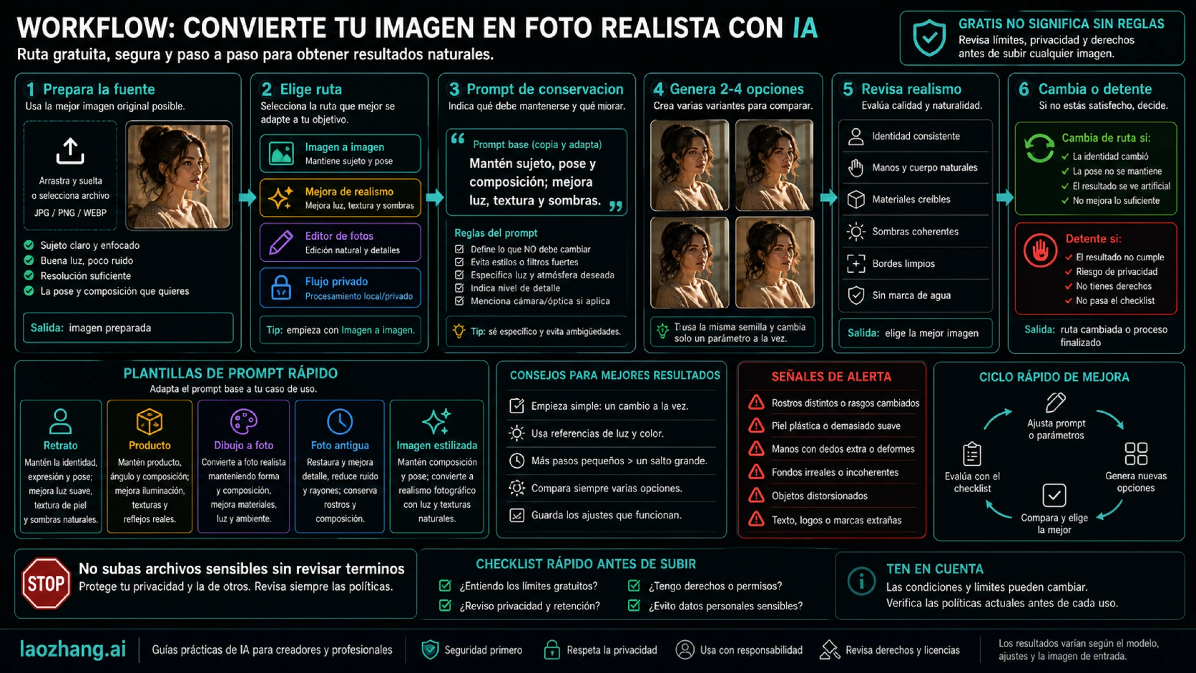 El flujo seguro es preparar la fuente, elegir ruta, escribir prompt de preservación, generar candidatos, inspeccionar y cambiar o parar