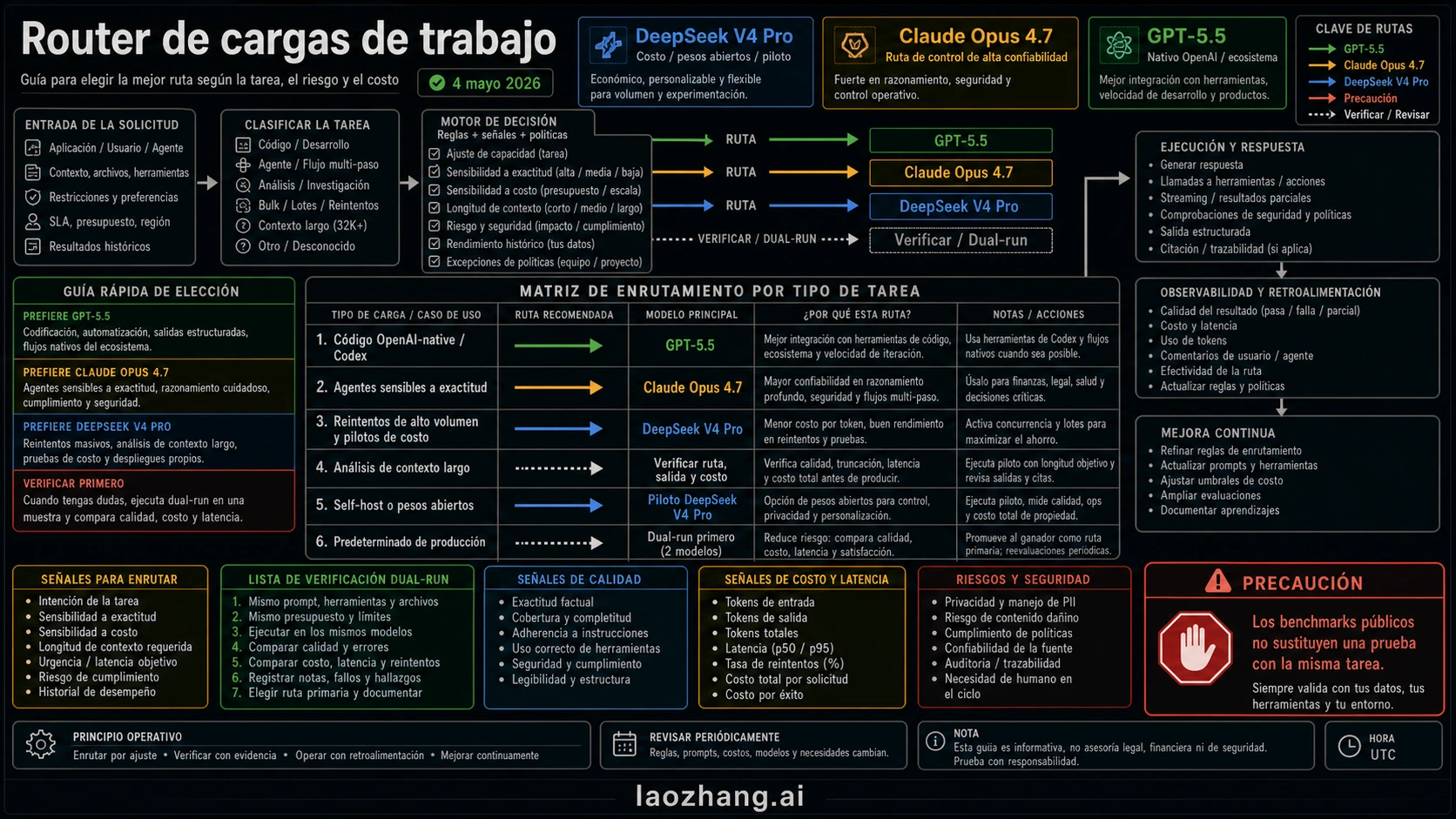 Router de trabajo Codex-direct que asigna coding nativo de OpenAI, agentes, pilotos de coste, análisis de contexto largo y defaults de producción a rutas de modelo
