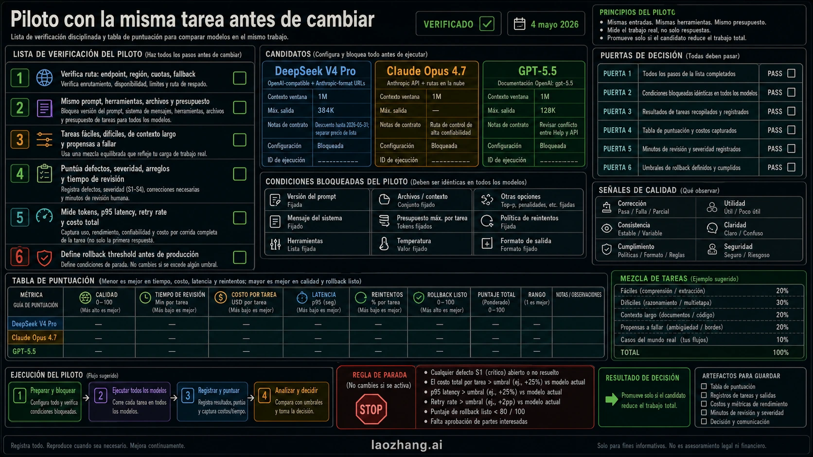 Checklist de piloto Codex-direct para probar GPT-5.5, Claude Opus 4.7 y DeepSeek V4 Pro antes de cambiar producción