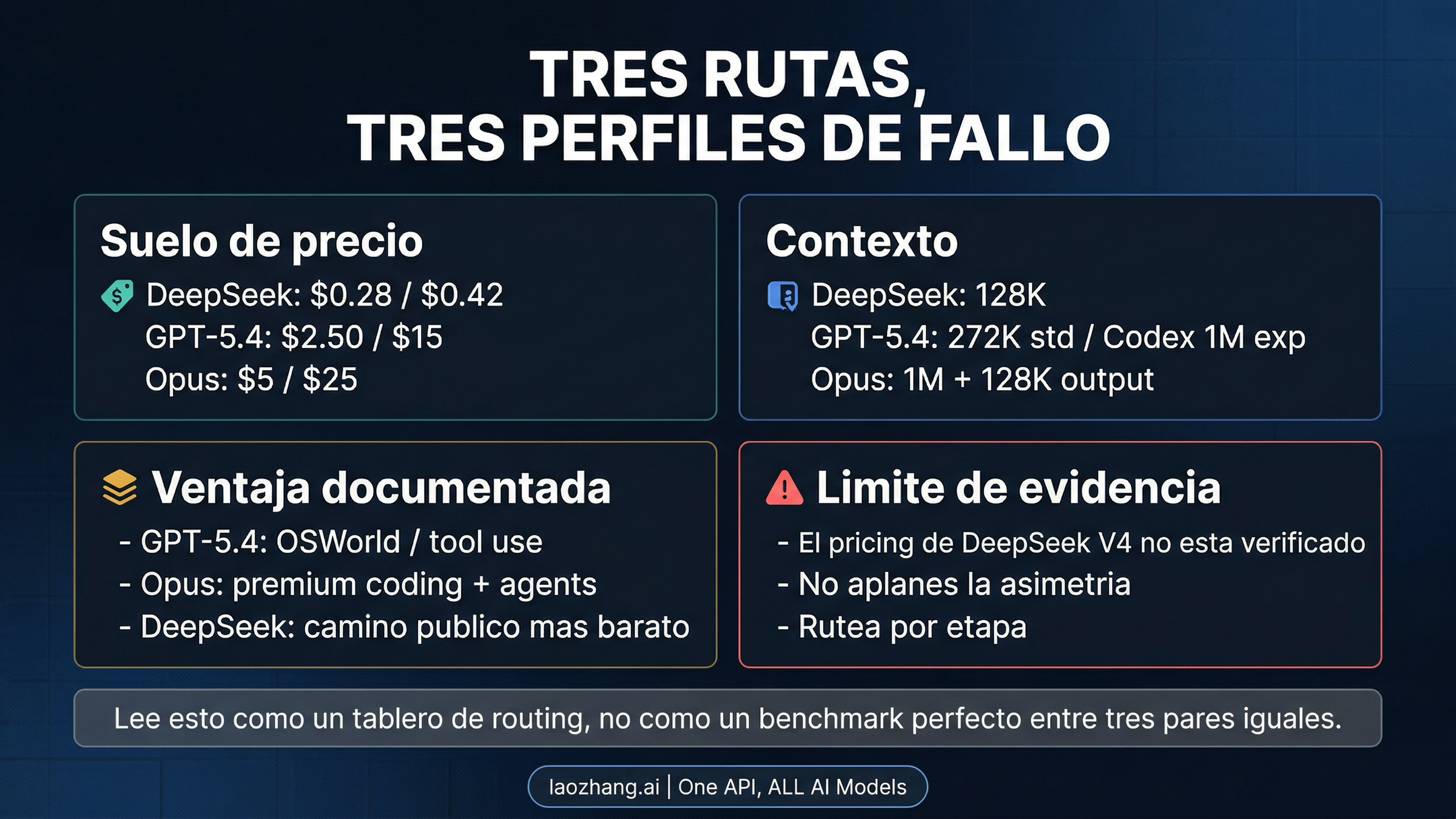 Instantanea rapida de las tres rutas actuales segun precio, contexto, upside documentado y limite de evidencia