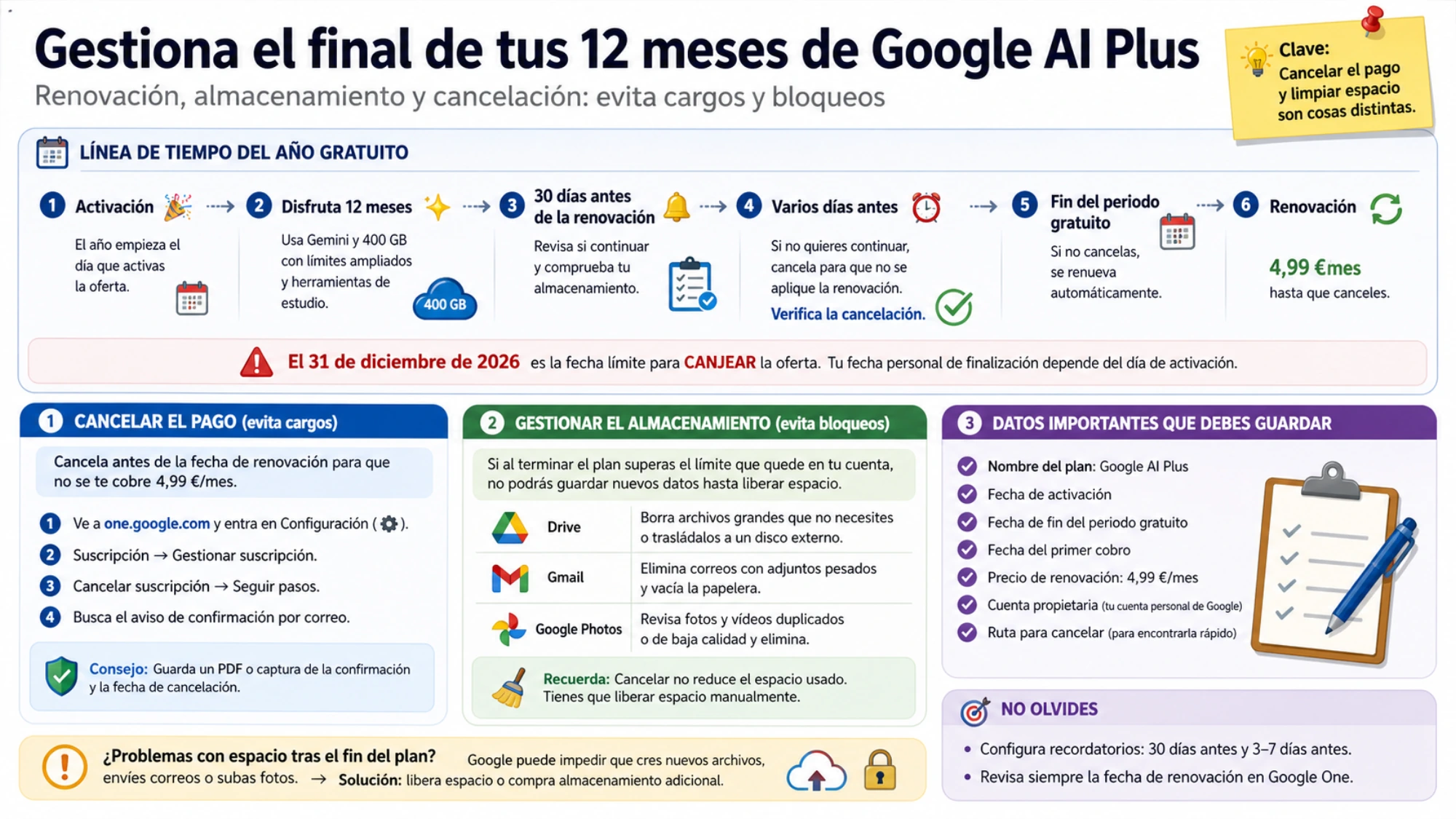 Línea de tiempo para gestionar el final de los 12 meses, cancelar la renovación de 4,99 euros, reducir el uso de Drive, Gmail y Fotos y guardar los datos del plan