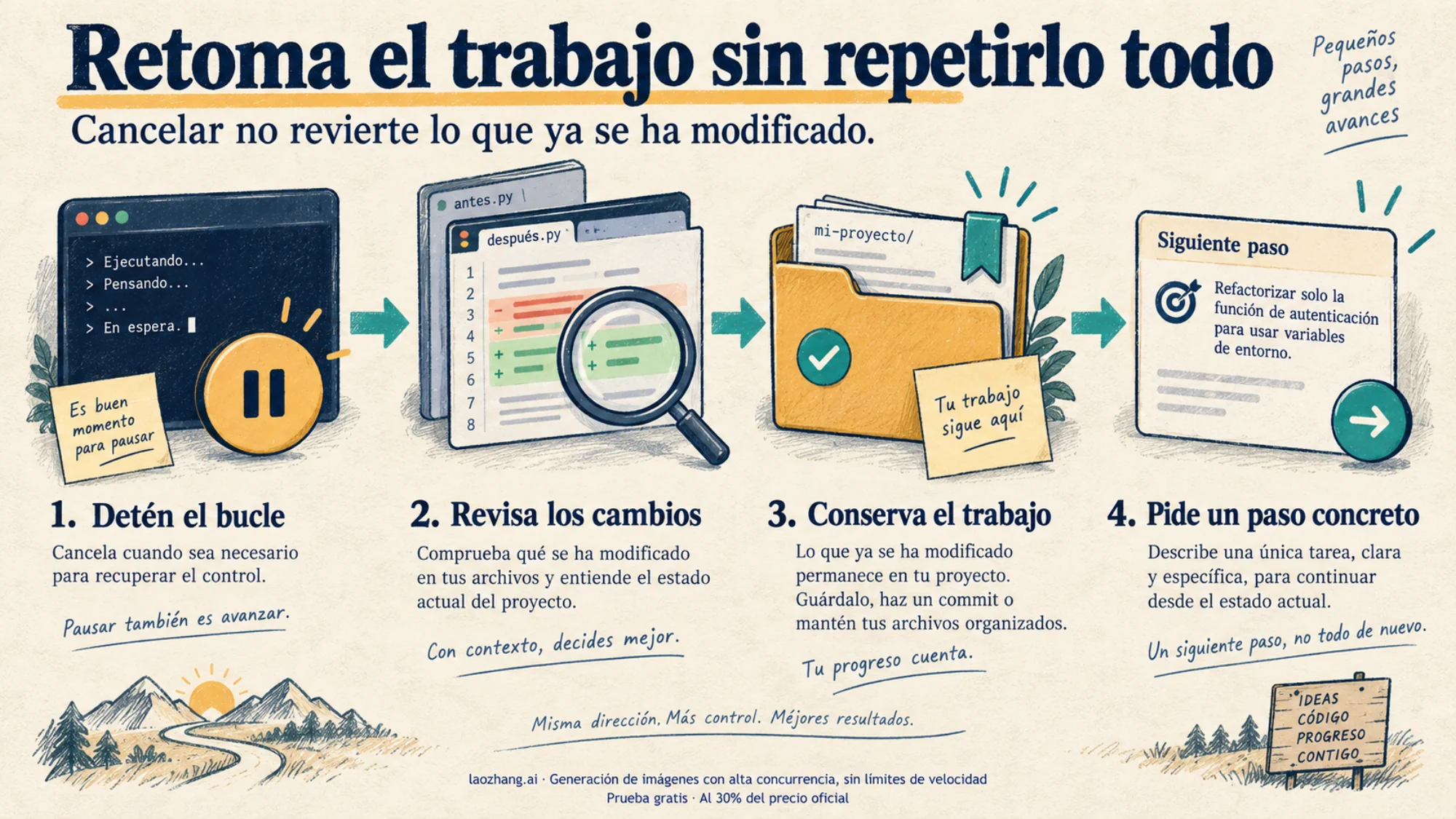 Secuencia ilustrada para detener un bucle, revisar los cambios, conservar el trabajo y pedir un siguiente paso concreto