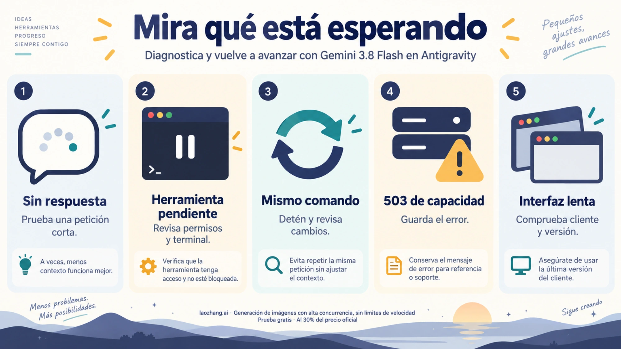 Esquema de cinco situaciones: respuesta pendiente, herramienta bloqueada, comando repetido, error de capacidad e interfaz lenta