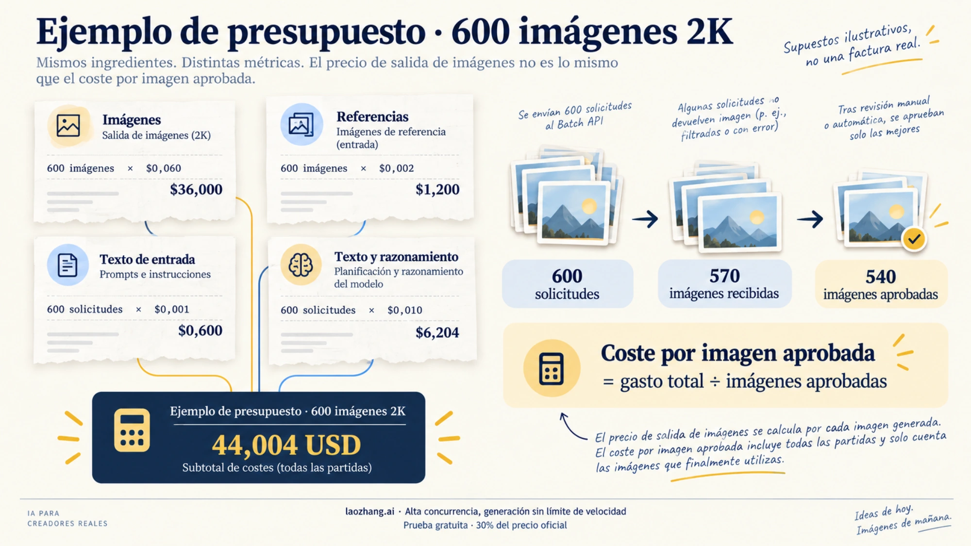 Ilustración conceptual de las partidas del presupuesto y del coste por imagen aprobada.