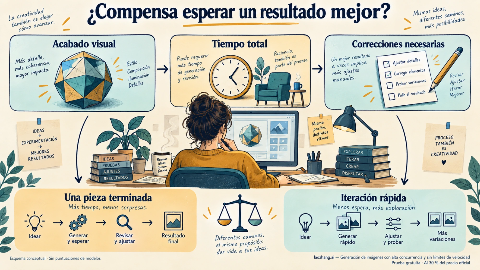 Esquema conceptual del equilibrio entre acabado visual, tiempo total y correcciones necesarias