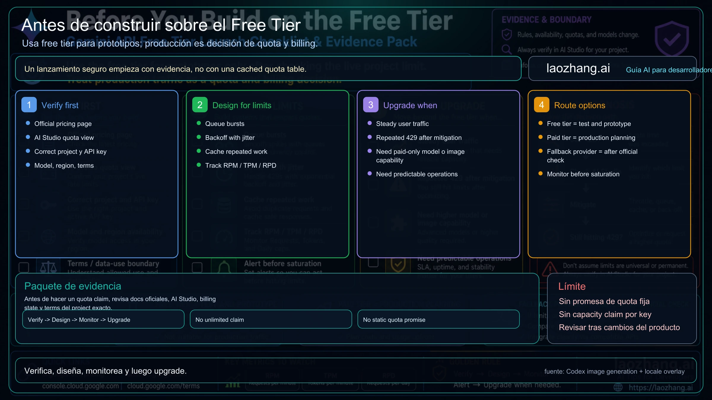 Checklist de lanzamiento para Gemini API free tier: pricing, AI Studio quota, project keys, terms, request shaping y upgrade triggers