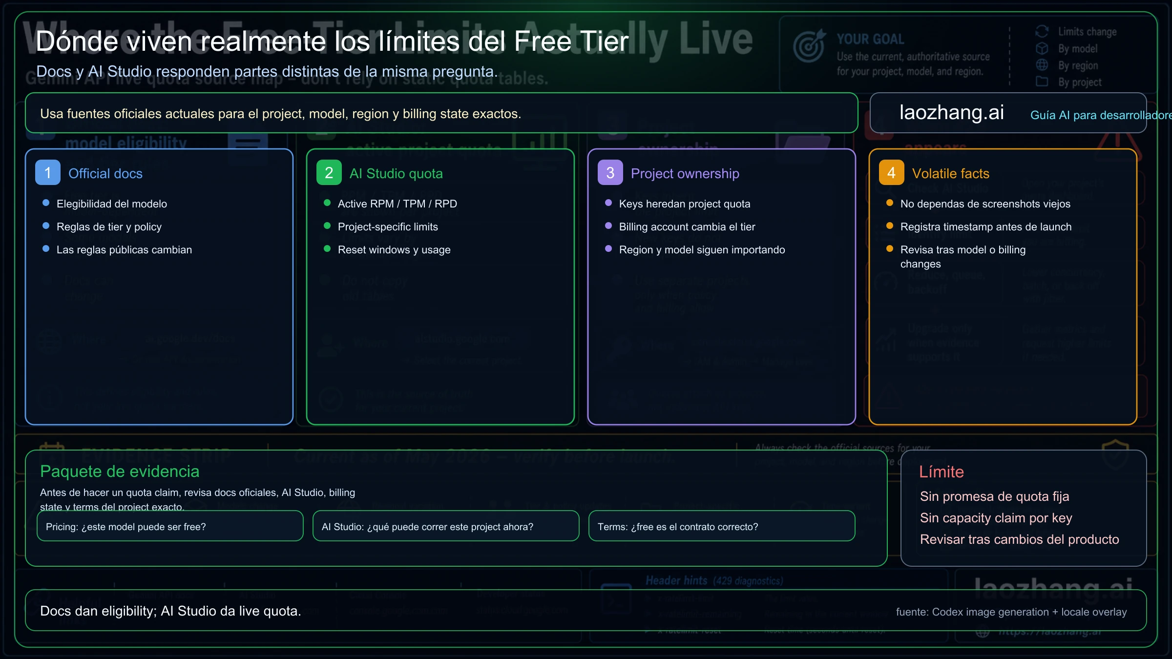 Mapa de fuentes para limites del nivel gratuito de Gemini API: pricing, AI Studio, project quota y hechos volatiles