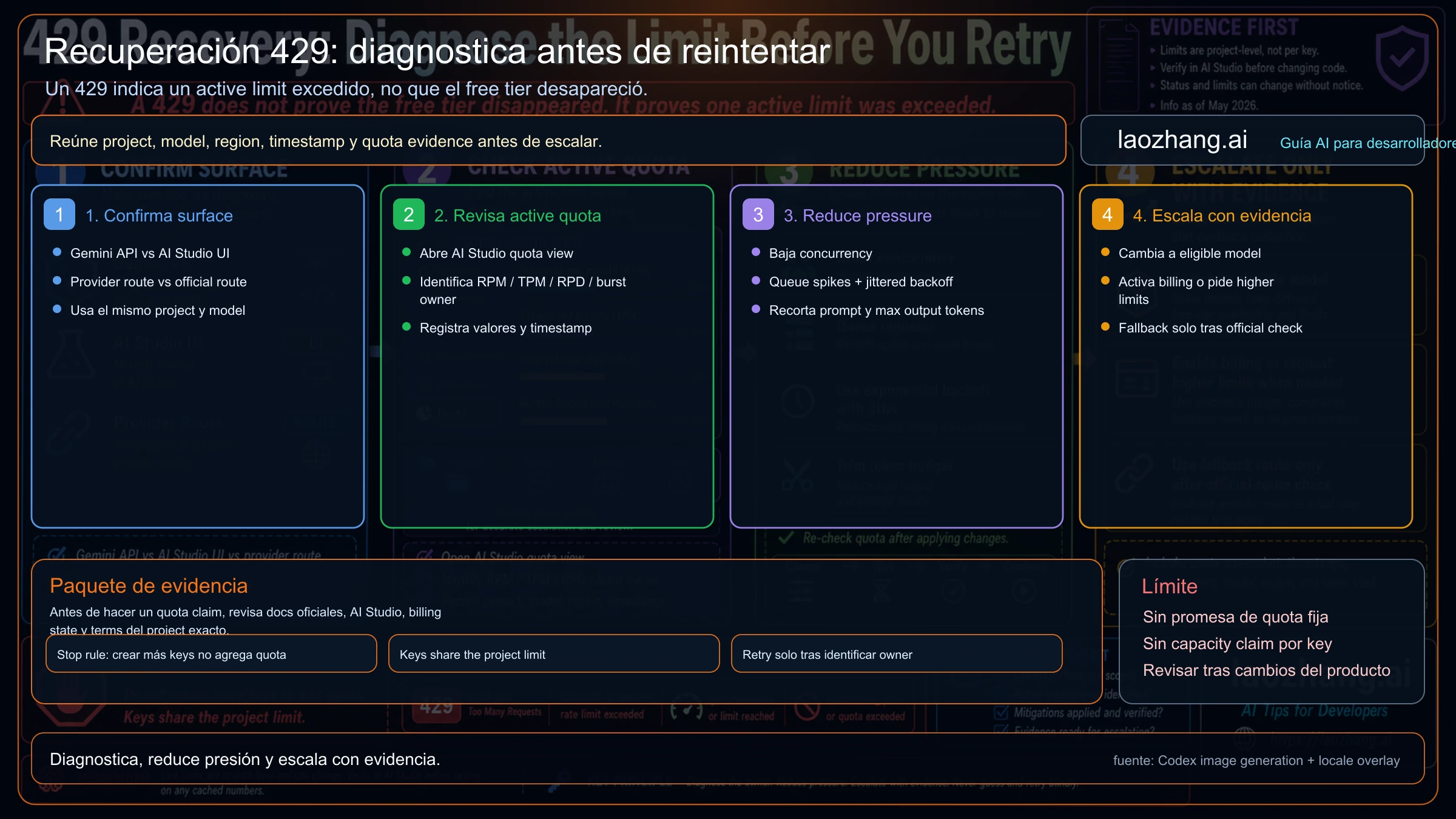 Escalera de recuperacion 429 para Gemini API free tier: confirmar surface, leer active quota, reducir presion y escalar con evidencia