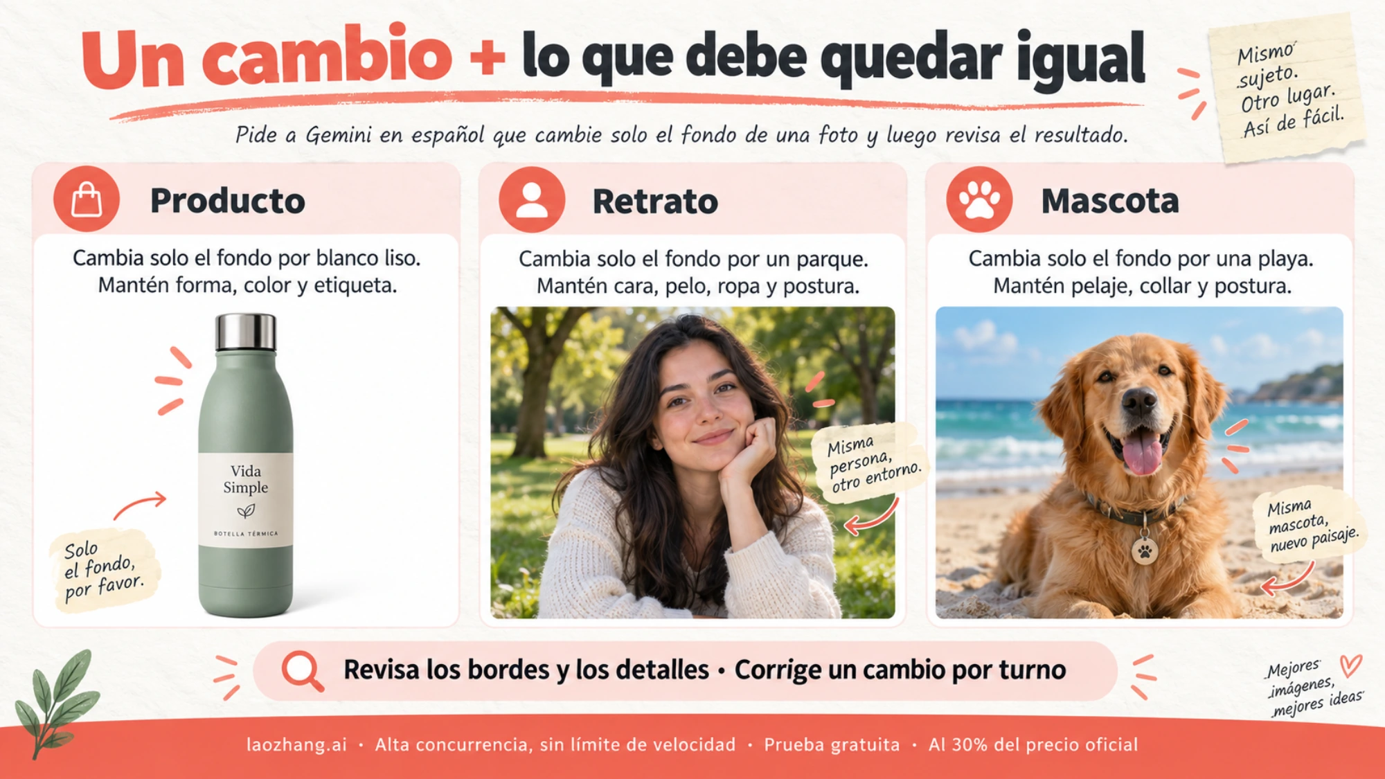 Ejemplos de prompts en español que separan el fondo nuevo de los detalles que se conservan
