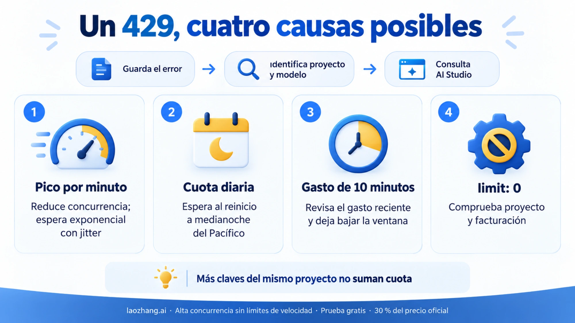 Cuatro causas posibles de un 429 y la acción adecuada según pico, cuota, gasto o acceso de pago