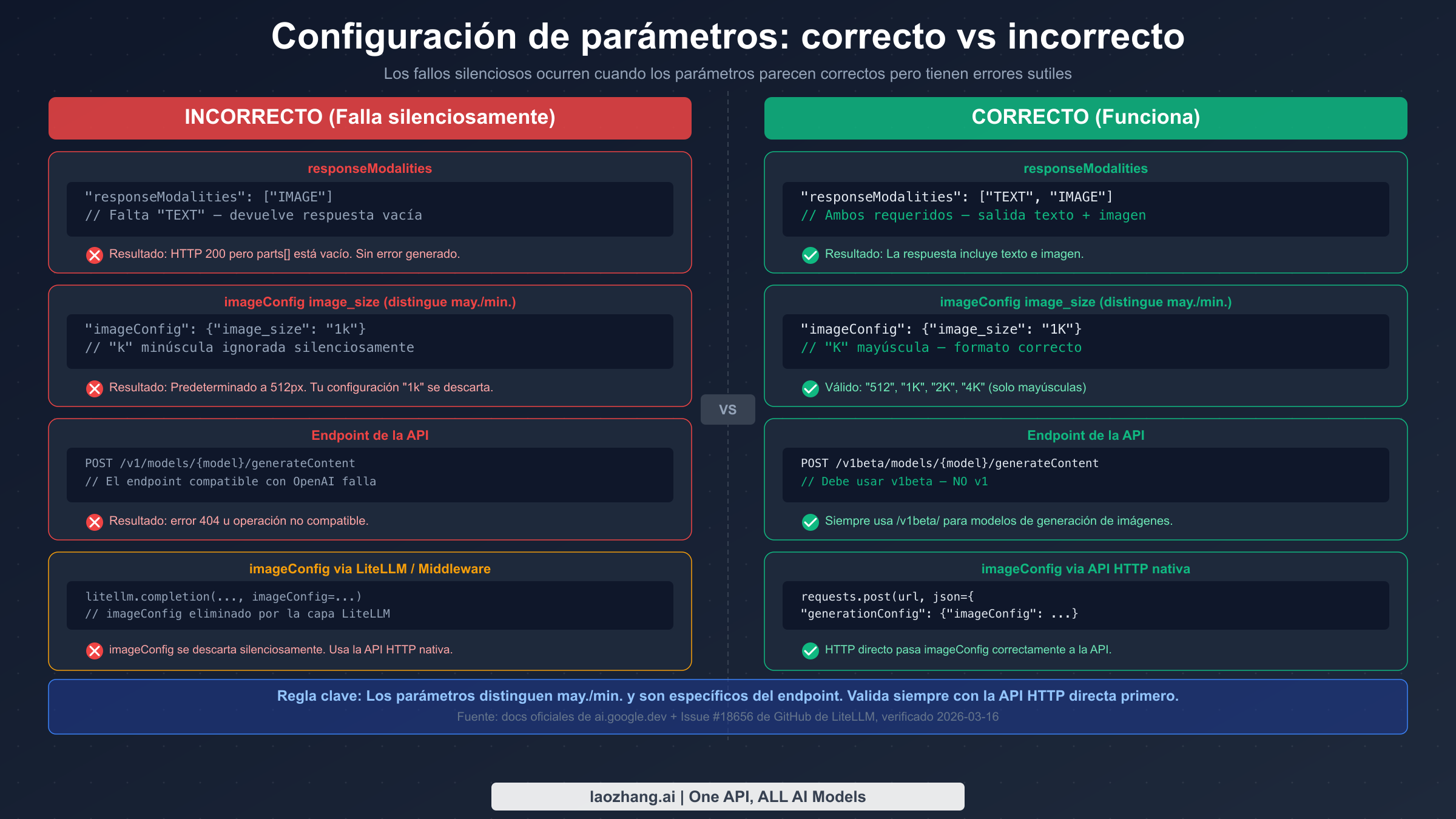 Comparación de configuración de parámetros que muestra valores correctos vs incorrectos para responseModalities, distinción de mayúsculas/minúsculas en image_size, endpoint de API y middleware imageConfig