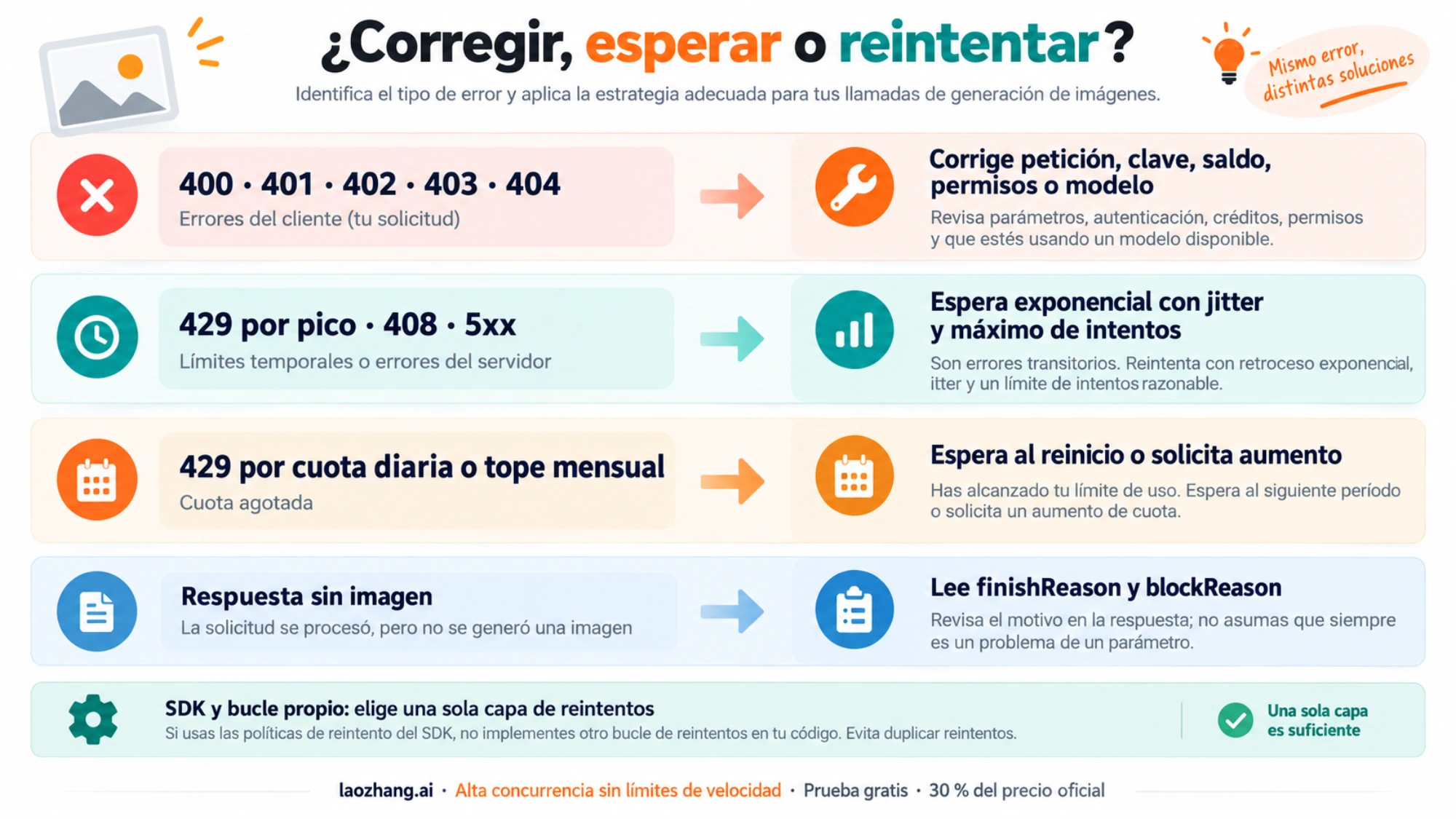 Decisión de corregir, esperar o reintentar según el error HTTP y el tipo de límite