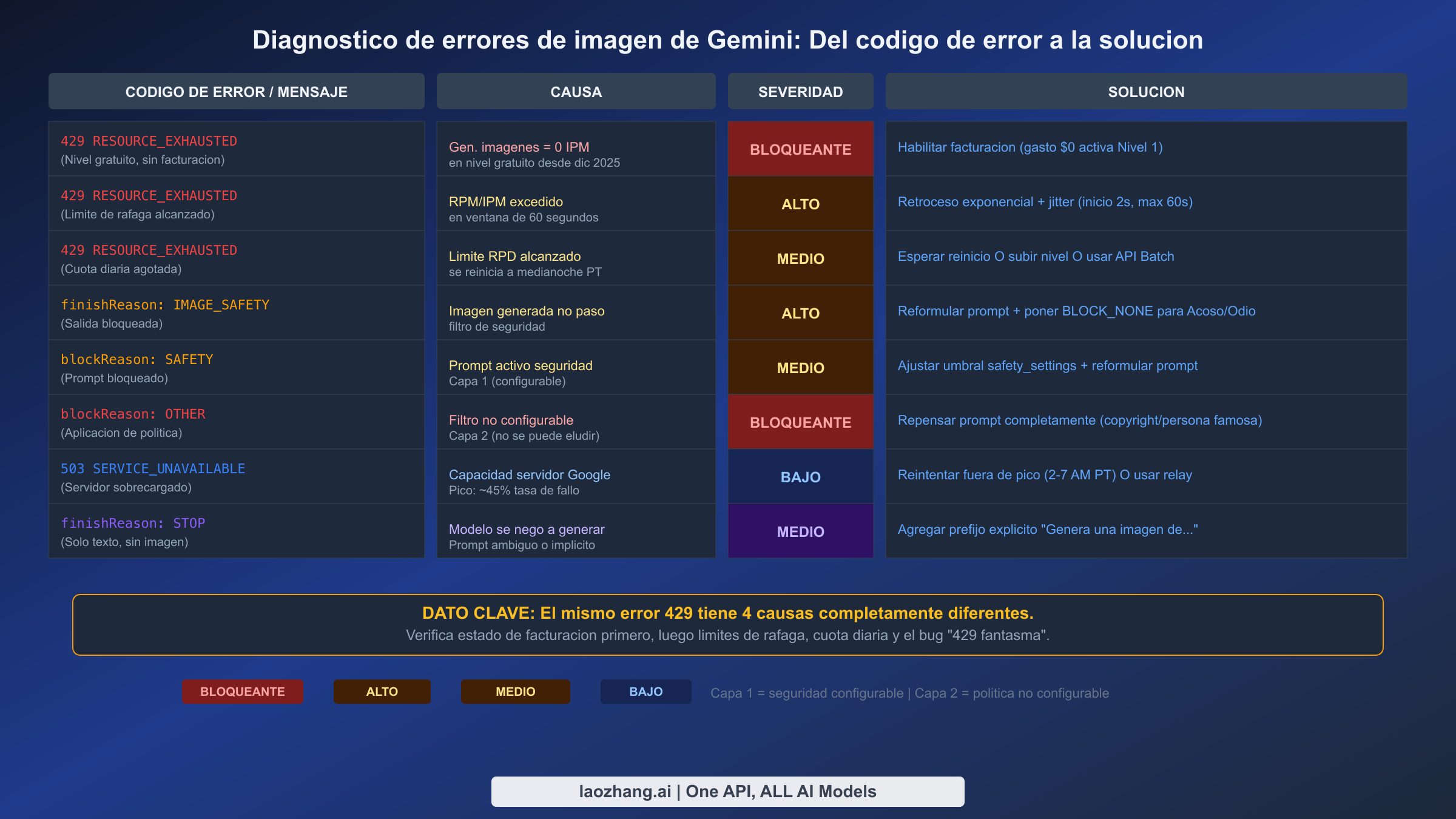 Tabla de diagnóstico de errores de imagen de Gemini que mapea 8 códigos de error a causas, severidad y soluciones