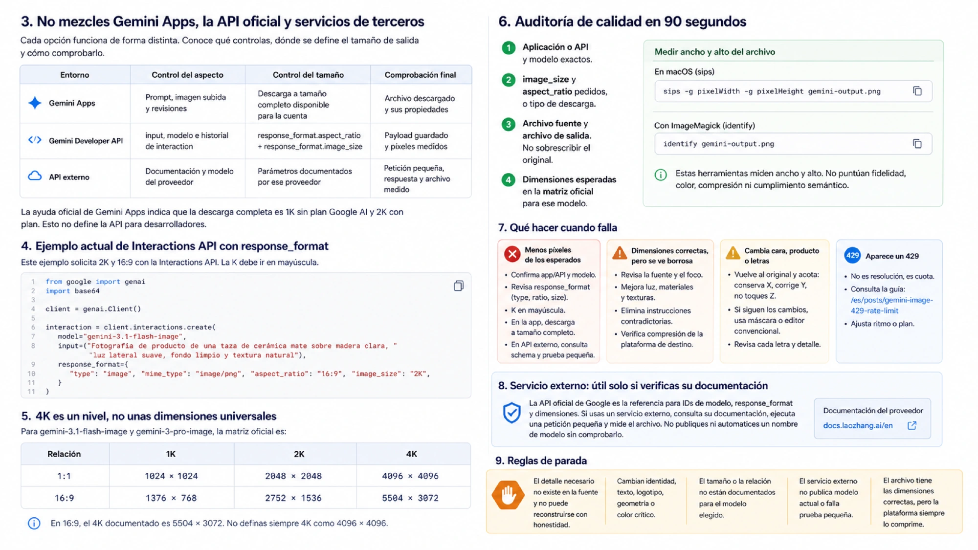 Verificación del modelo Gemini, tamaño, relación de aspecto y píxeles del archivo guardado
