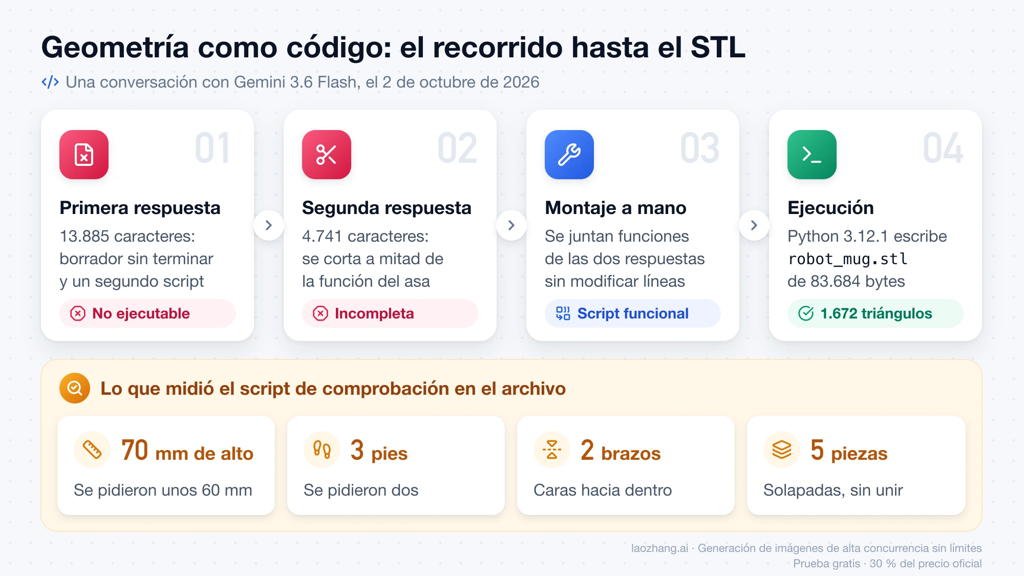 Recorrido de la prueba de geometría como código: dos respuestas de Gemini que no servían, un montaje a mano, un STL de 1.672 triángulos y los defectos medidos después