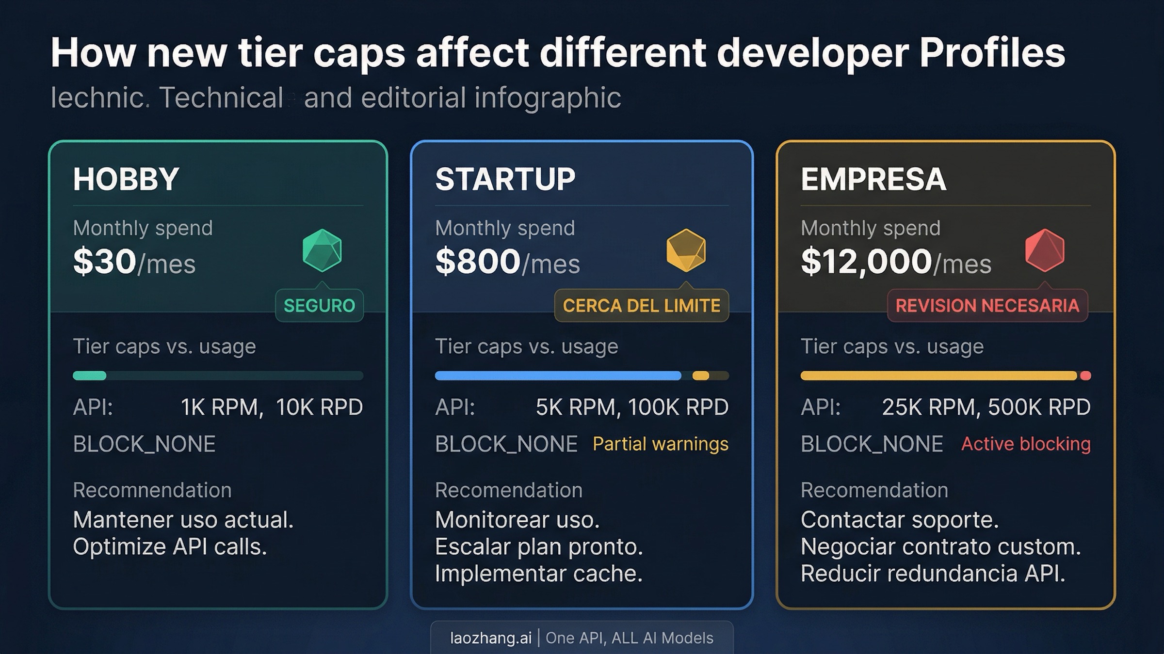 Análisis de impacto en costos mostrando cómo los límites de nivel de facturación de Gemini API afectan a desarrolladores independientes, startups y usuarios empresariales
