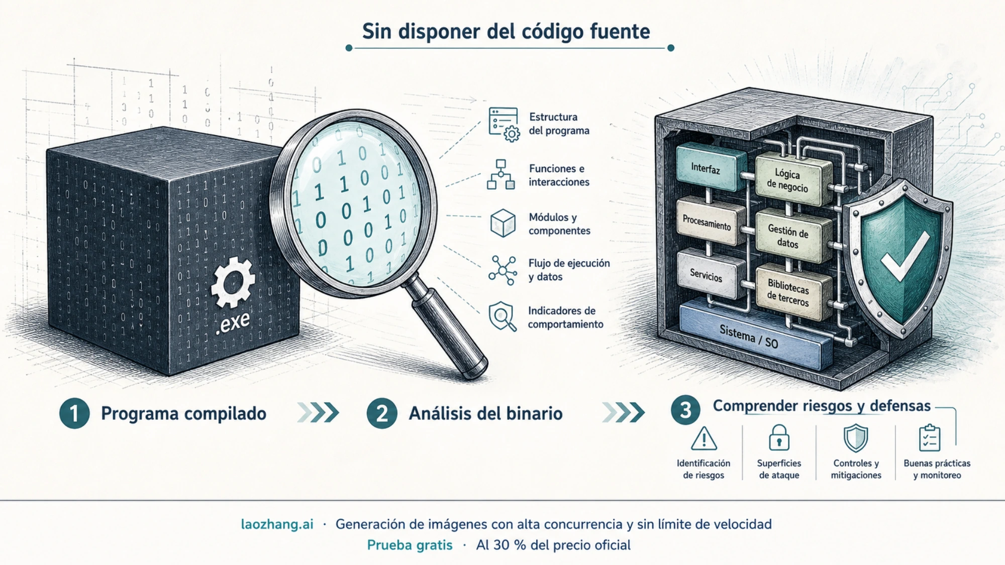 Análisis de un programa compilado para comprender sus componentes, riesgos y defensas sin disponer del código fuente