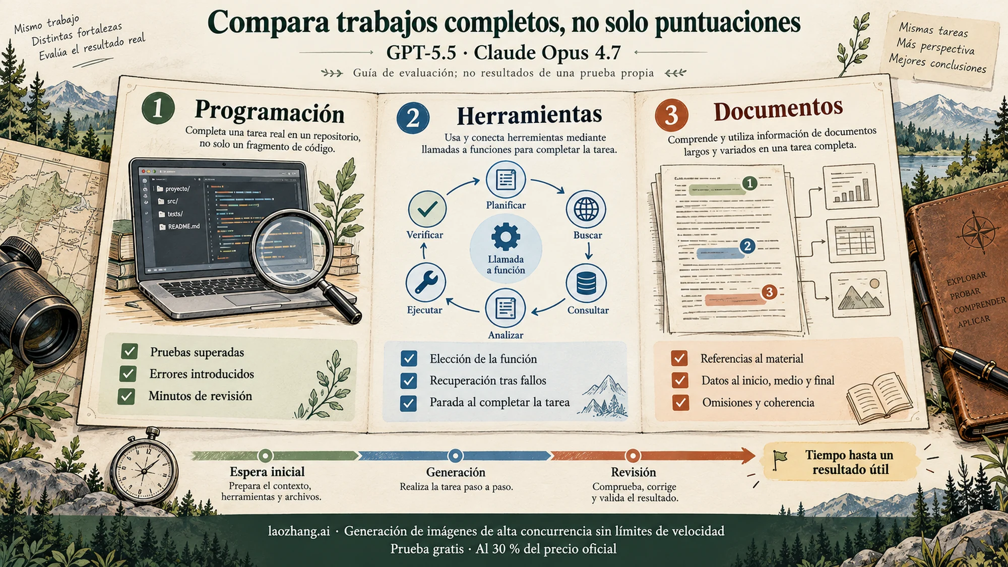 Mapa de tareas de programación, herramientas y documentos para comparar GPT-5.5 con Opus 4.7