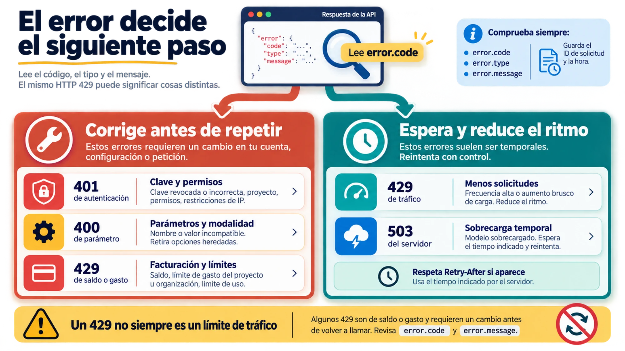 Diagrama que separa errores de configuración y facturación de los fallos temporales de tráfico o sobrecarga, e indica cuándo consultar Retry-After